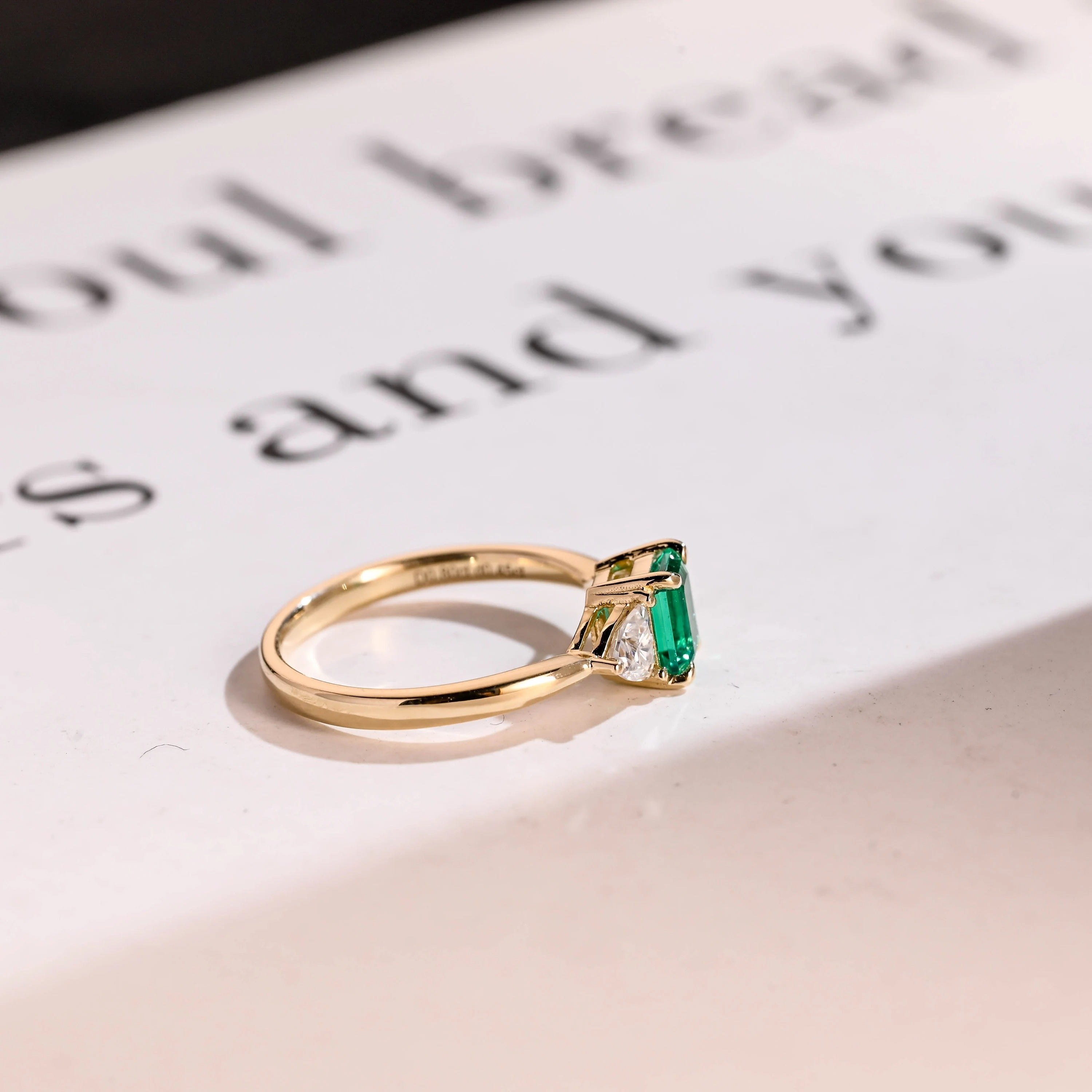 Solid Gold Lab Grown Emerald Engagement Ring with Trillion Accent, Three Stone Ring