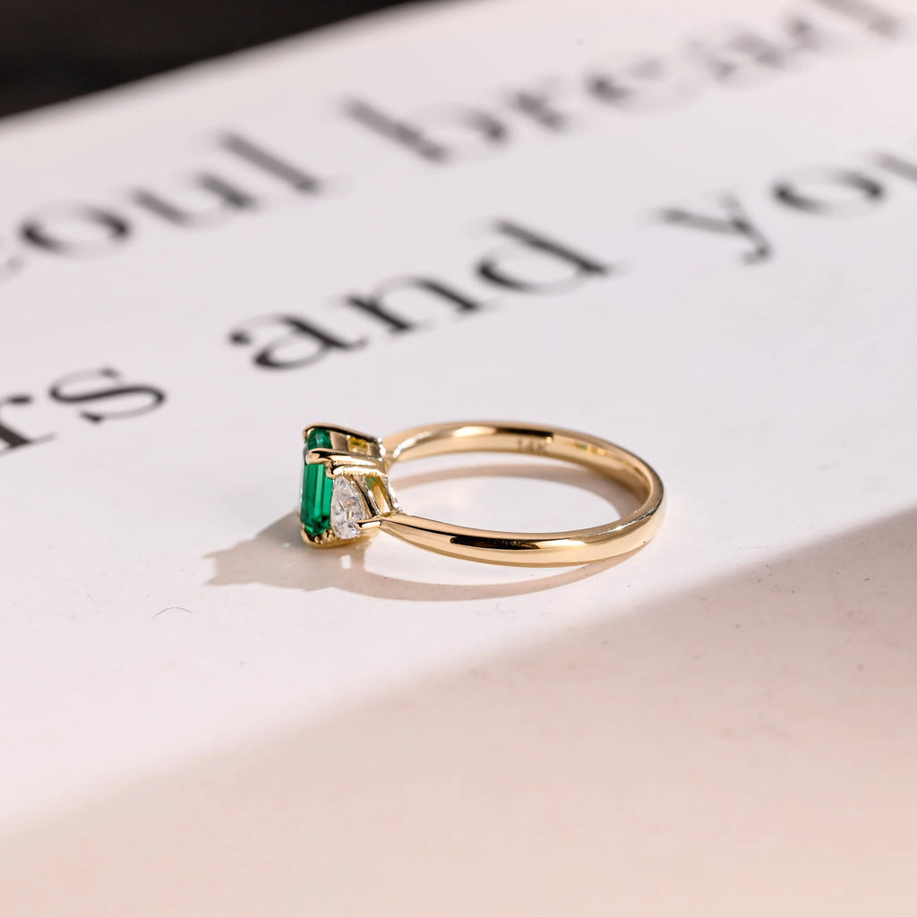Solid Gold Lab Grown Emerald Engagement Ring with Trillion Accent, Three Stone Ring