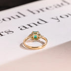 Solid Gold Lab Grown Emerald Engagement Ring with Trillion Accent, Three Stone Ring
