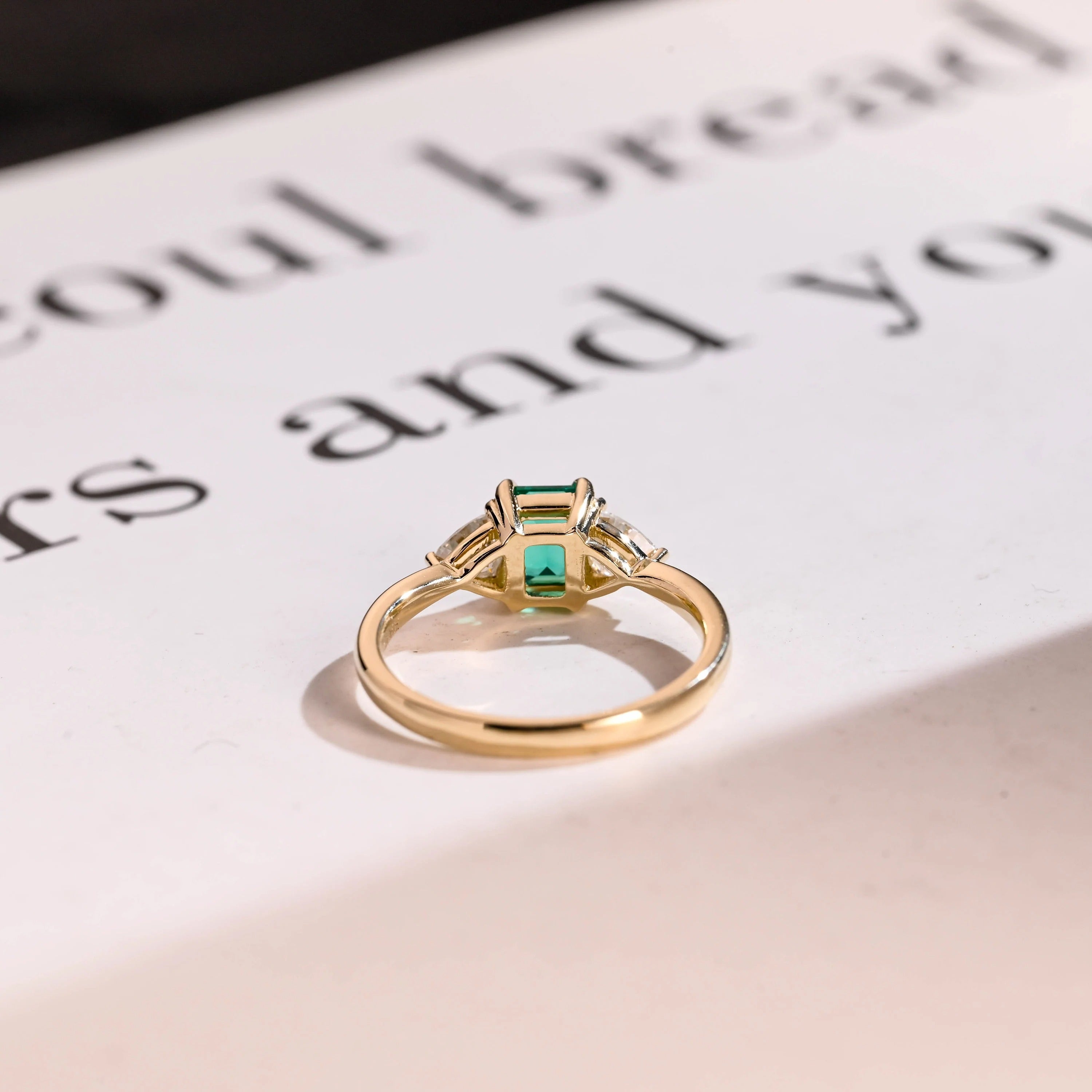 Solid Gold Lab Grown Emerald Engagement Ring with Trillion Accent, Three Stone Ring