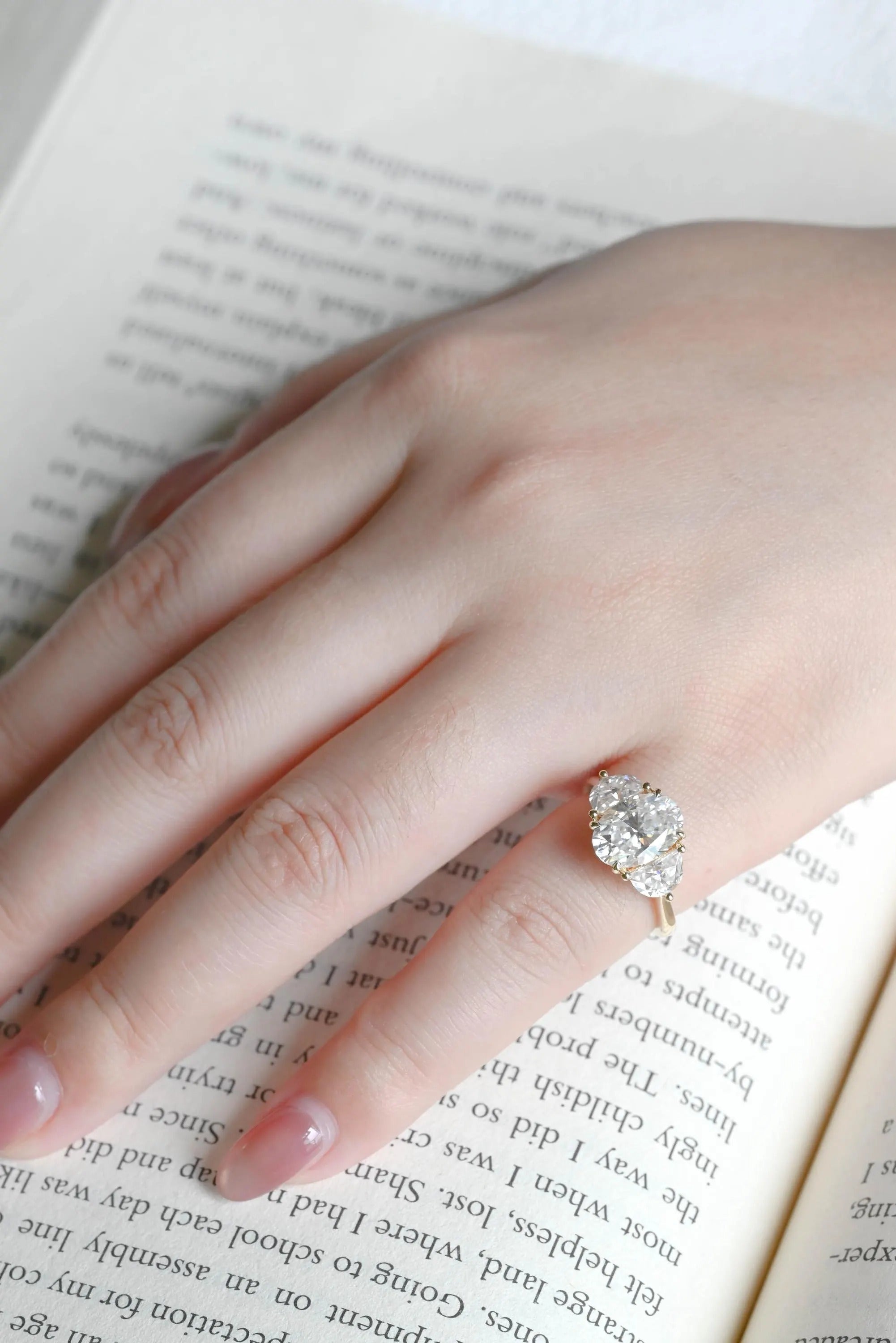 Solid Gold Oval Moissanite Engagement Ring with Half-moon Side Stones