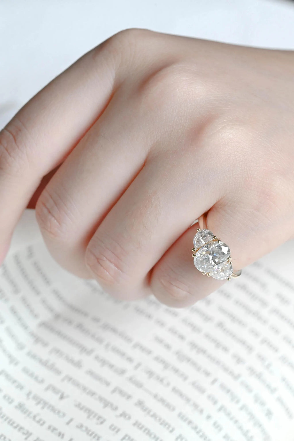 Solid Gold Oval Moissanite Engagement Ring with Half-moon Side Stones