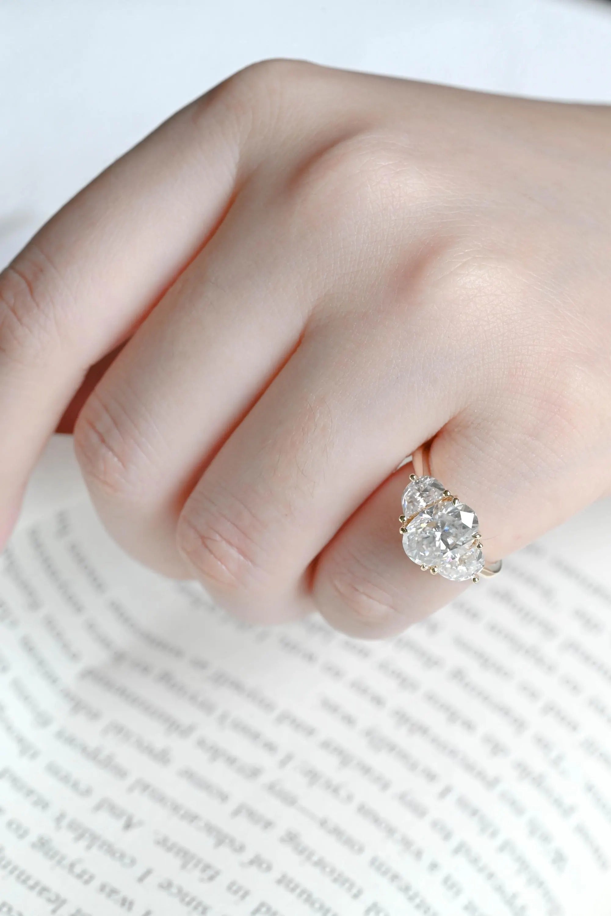 Solid Gold Oval Moissanite Engagement Ring with Half-moon Side Stones