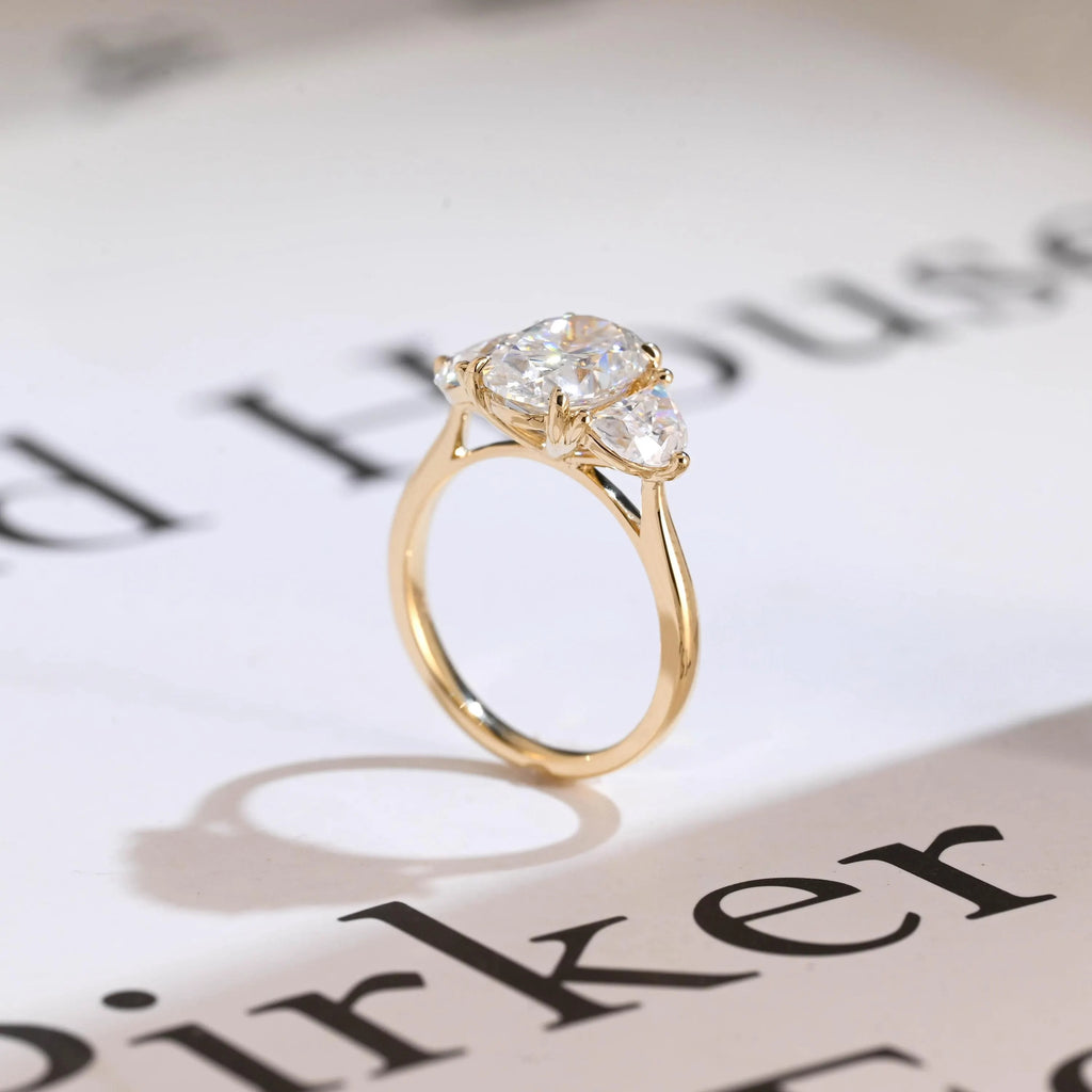 Solid Gold Oval Moissanite Engagement Ring with Half-moon Side Stones