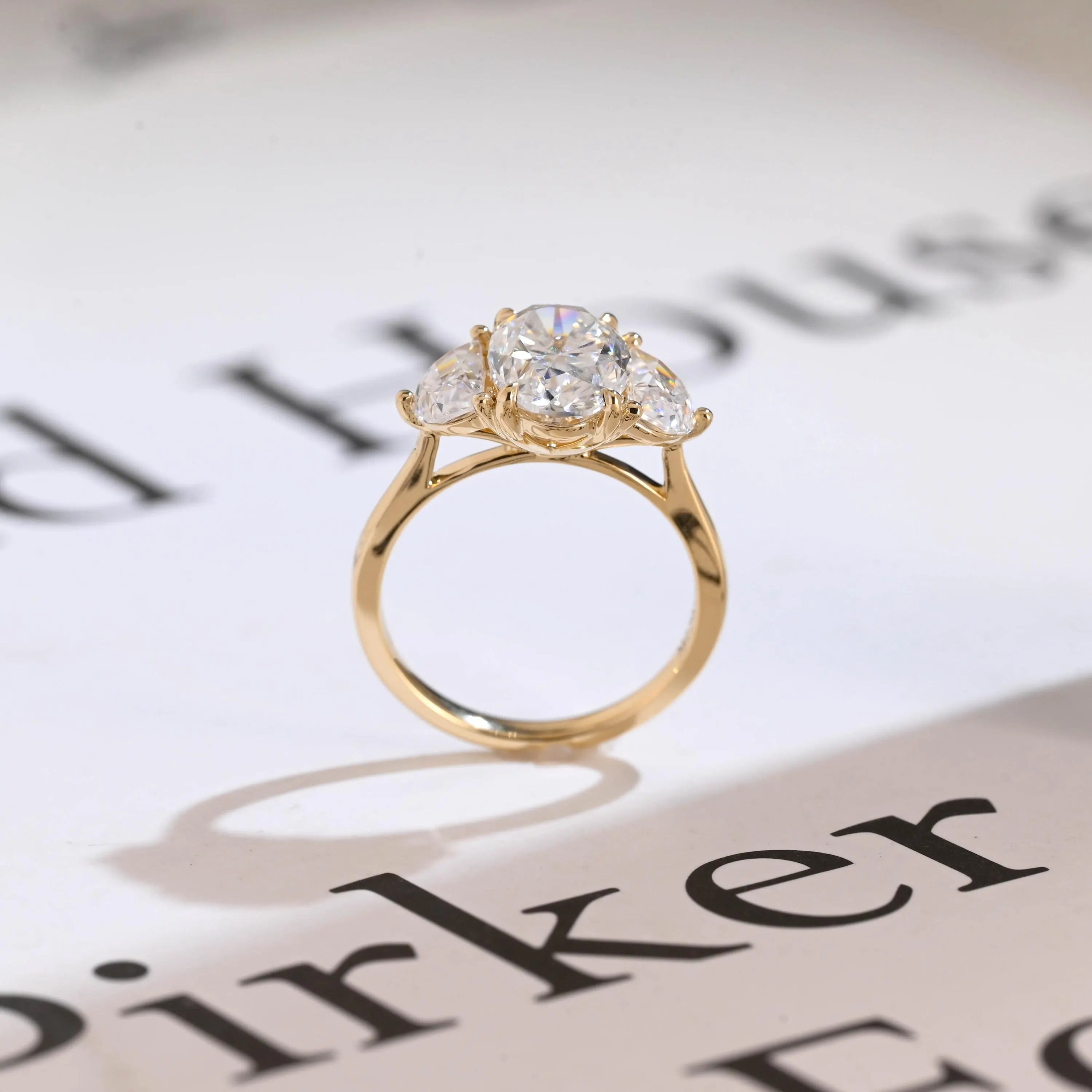 Solid Gold Oval Moissanite Engagement Ring with Half-moon Side Stones