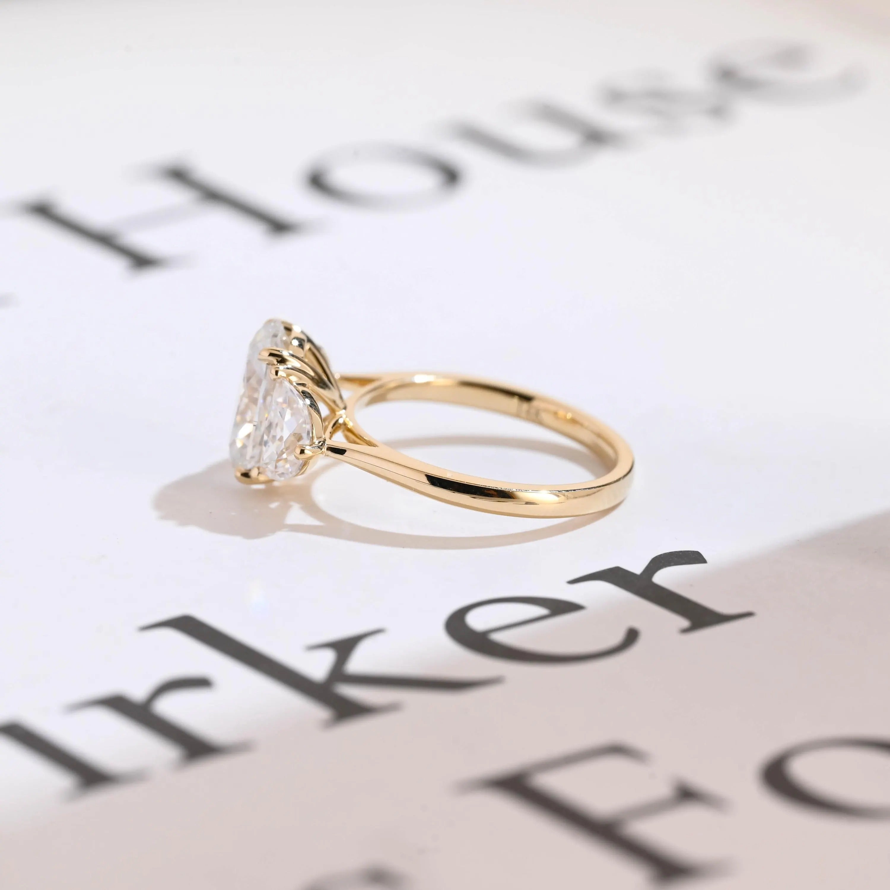 Solid Gold Oval Moissanite Engagement Ring with Half-moon Side Stones