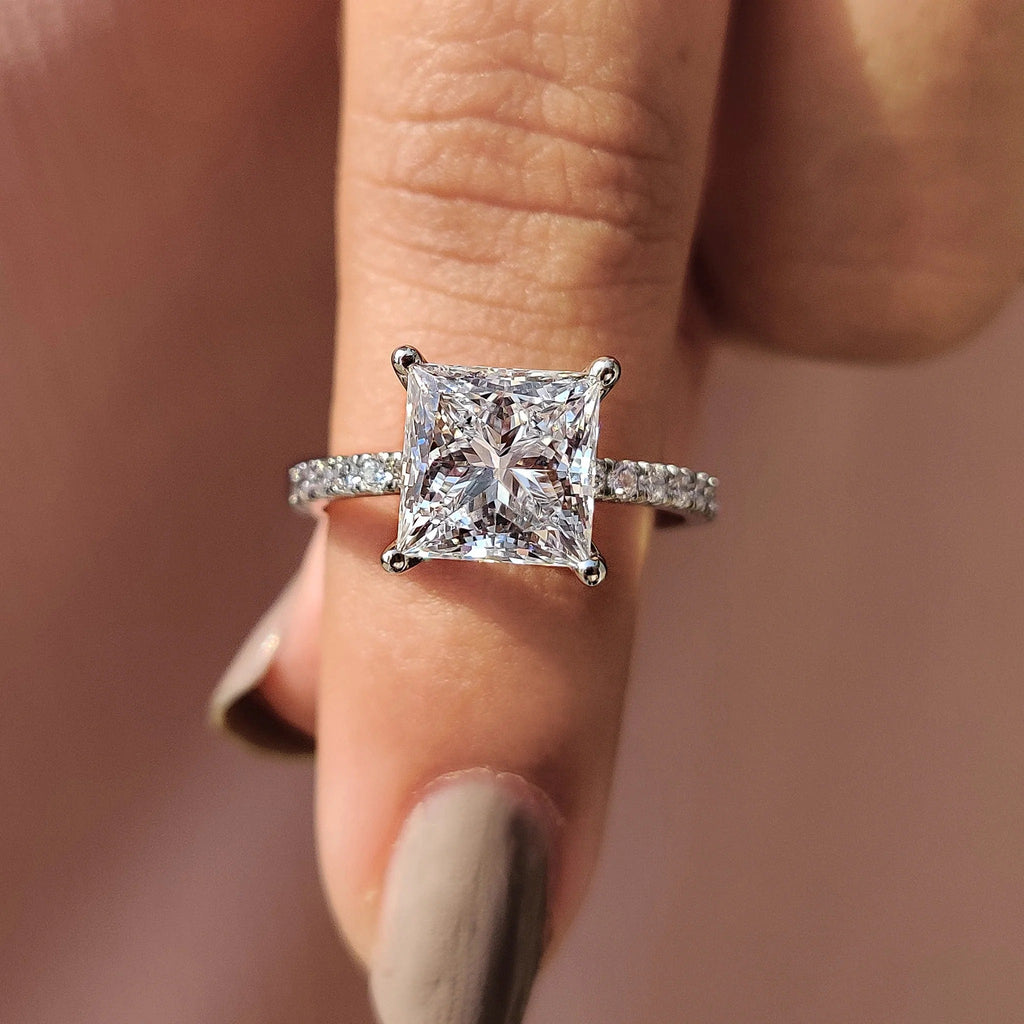 1.0 - 3.0 CT Princess Cut Moissanite Pave Engagement Ring