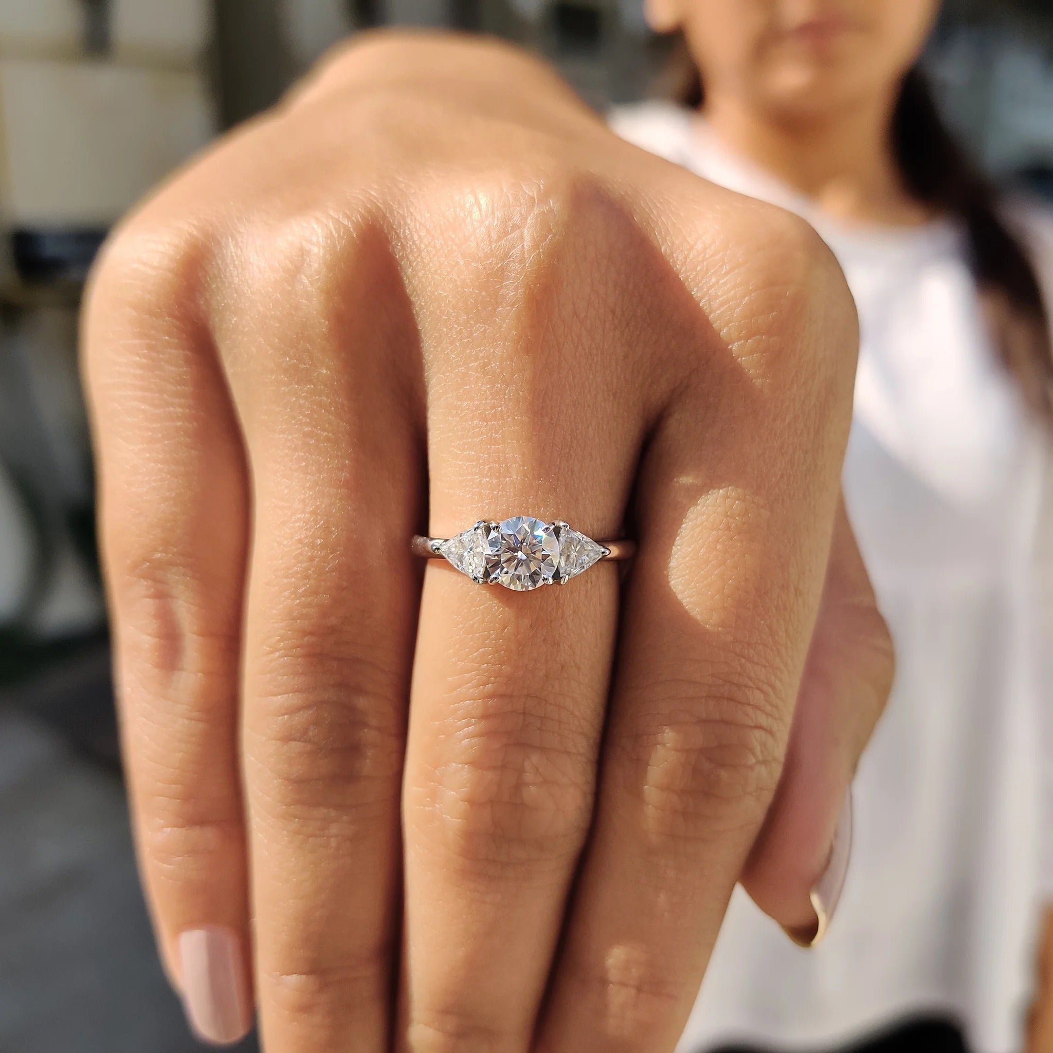 1.0 - 2.0 CT Round Cut Moissanite Three Stones Engagement Ring