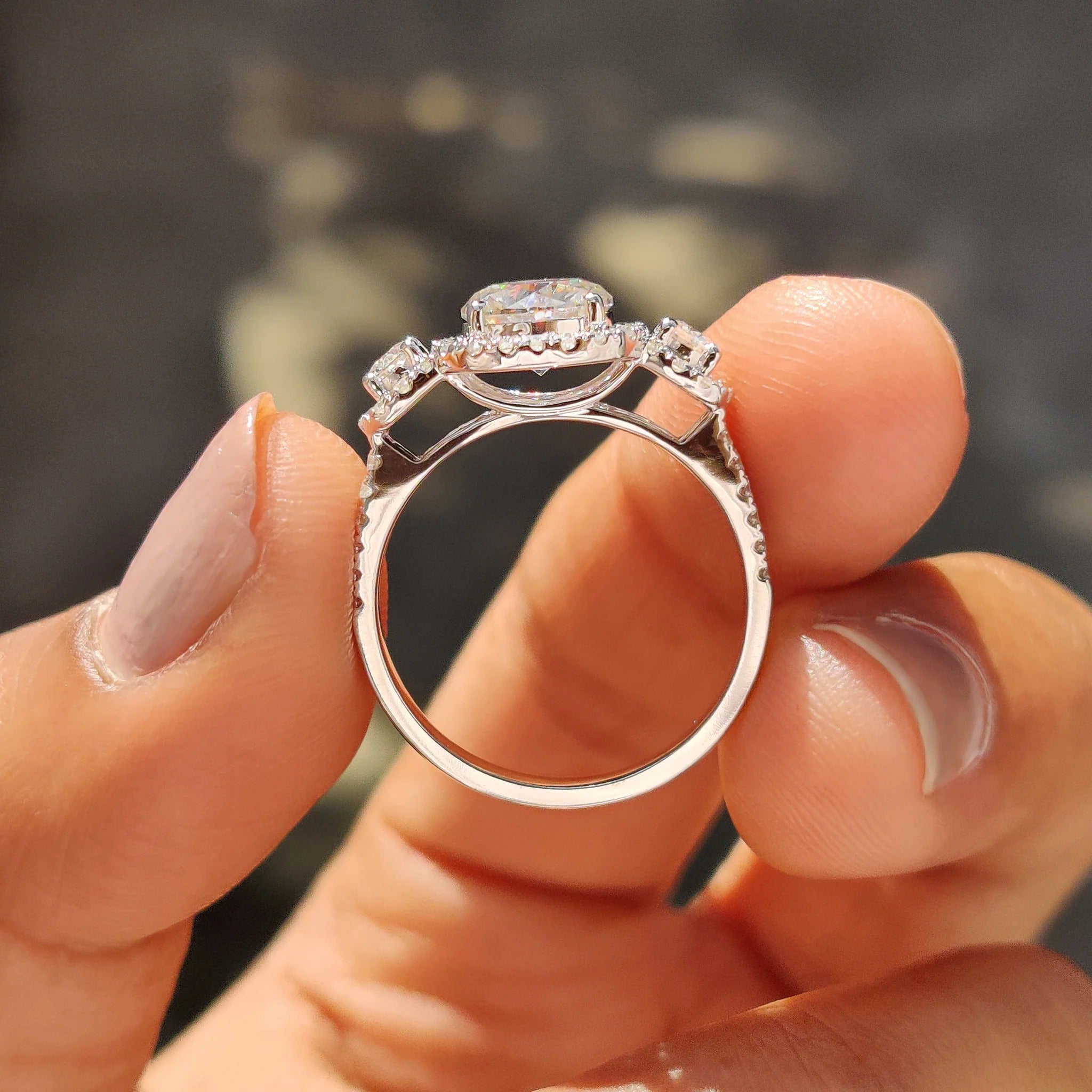 1.0 - 2.0 CT Round Cut Moissanite Three Stone Engagement Ring