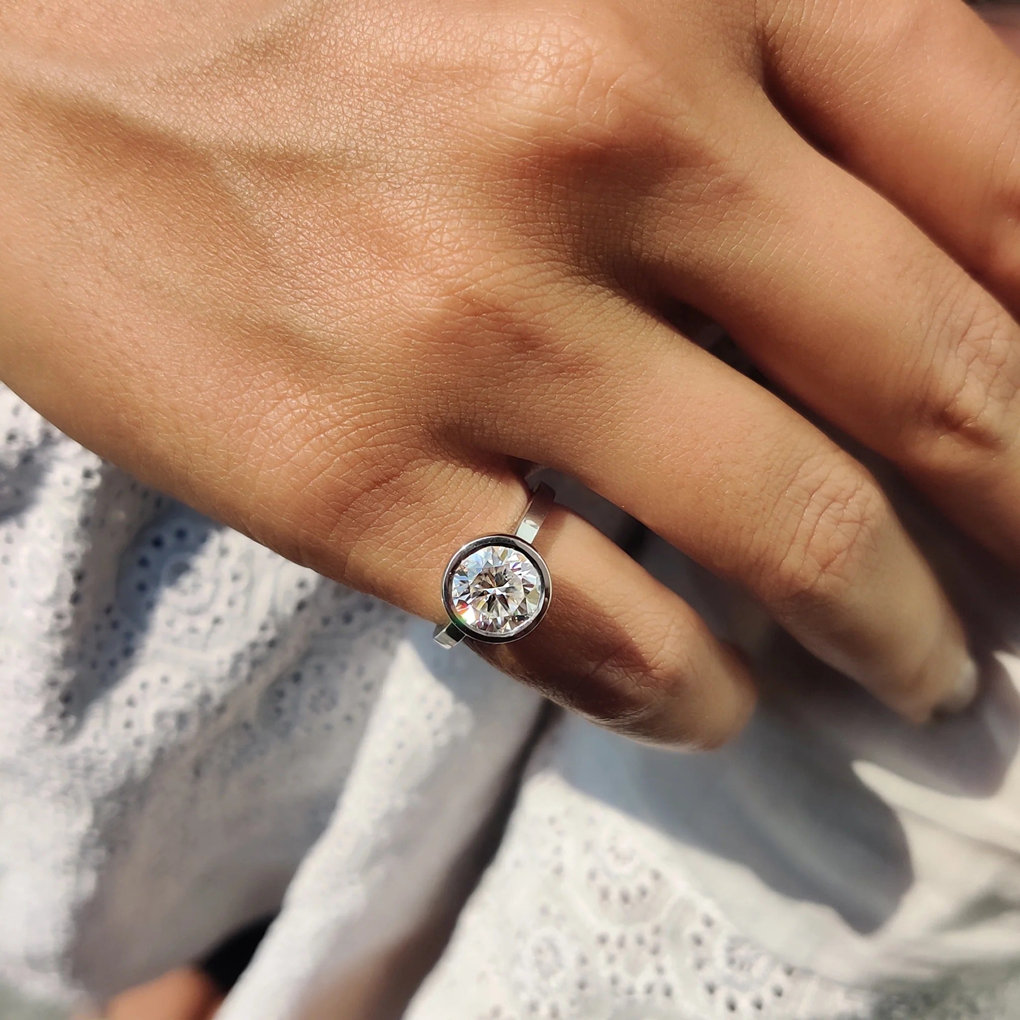 1.0 - 2.0 CT Round Cut Moissanite Bezel Engagement Ring