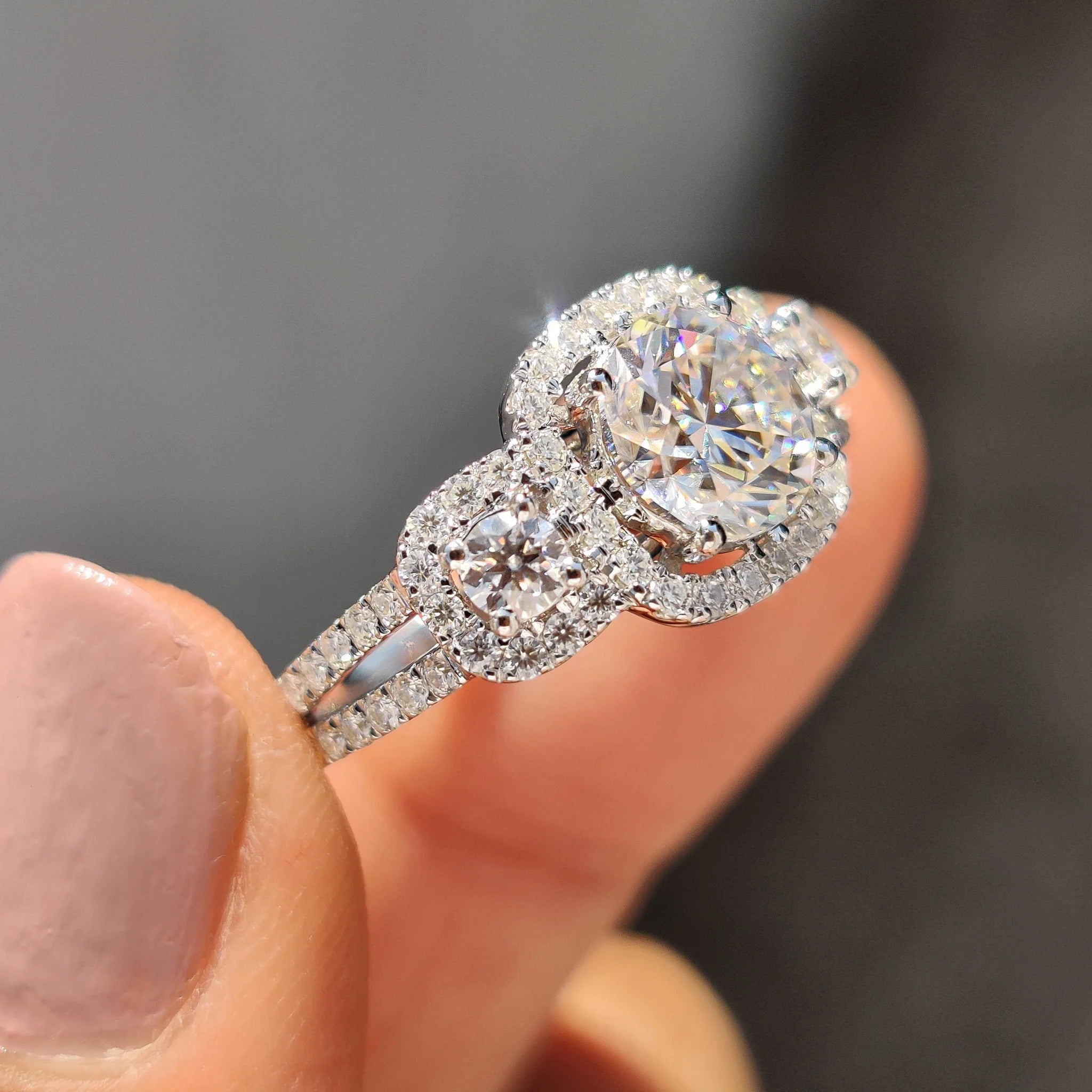 1.0 - 2.0 CT Round Cut Moissanite Three Stone Engagement Ring