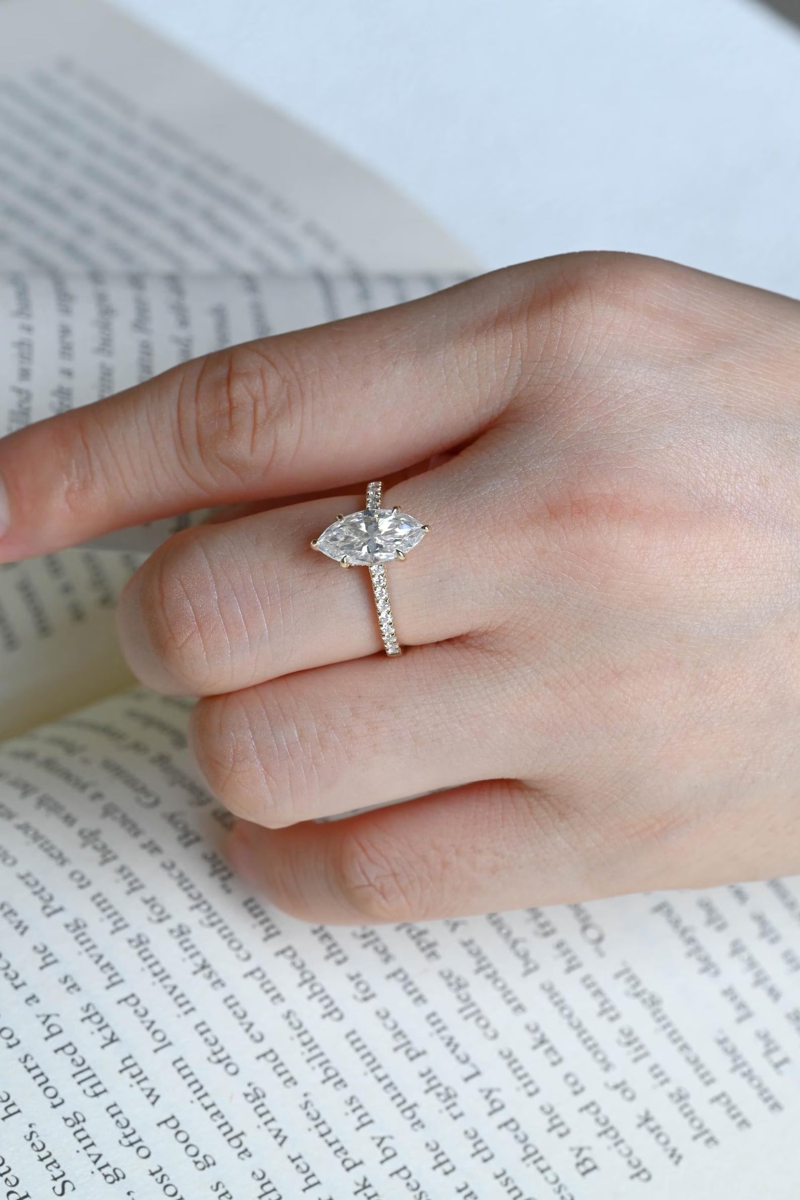 Solid Gold Marquise Marquise Moissanite Ring, Cathedral Half Eternity Ring Secondary image