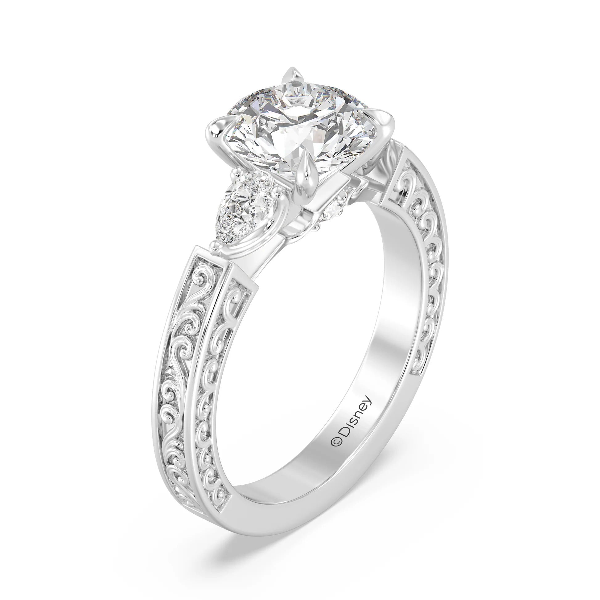 Enchanted Star Diamond And Gold Disney Princess Aurora Vintage Filigree Three Stone Engagement Ring Secondary image