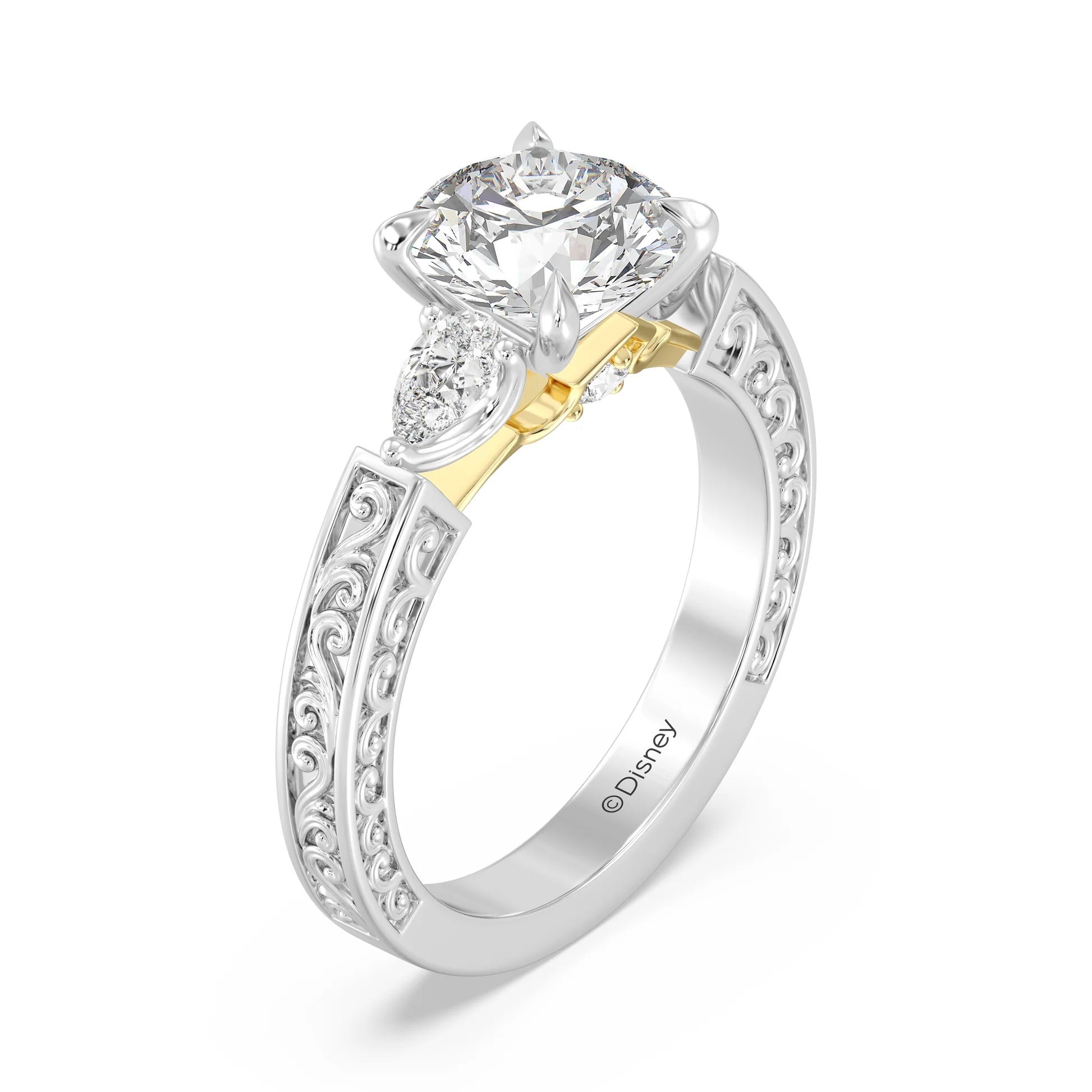 Enchanted Star Diamond And Gold Disney Princess Aurora Vintage Filigree Three Stone Engagement Ring