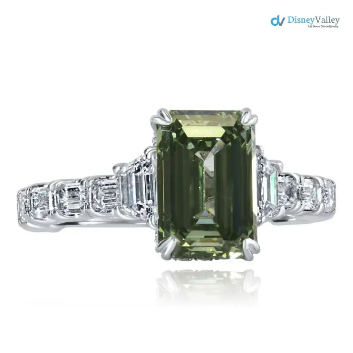 intense Green Emerald Cut Lab Grown Diamond Wedding Ring - DisneyValley Main image