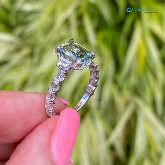 intense Green Emerald Cut Lab Grown Diamond Wedding Ring - DisneyValley