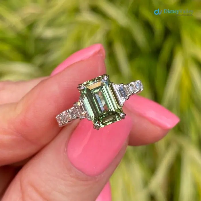 intense Green Emerald Cut Lab Grown Diamond Wedding Ring - DisneyValley