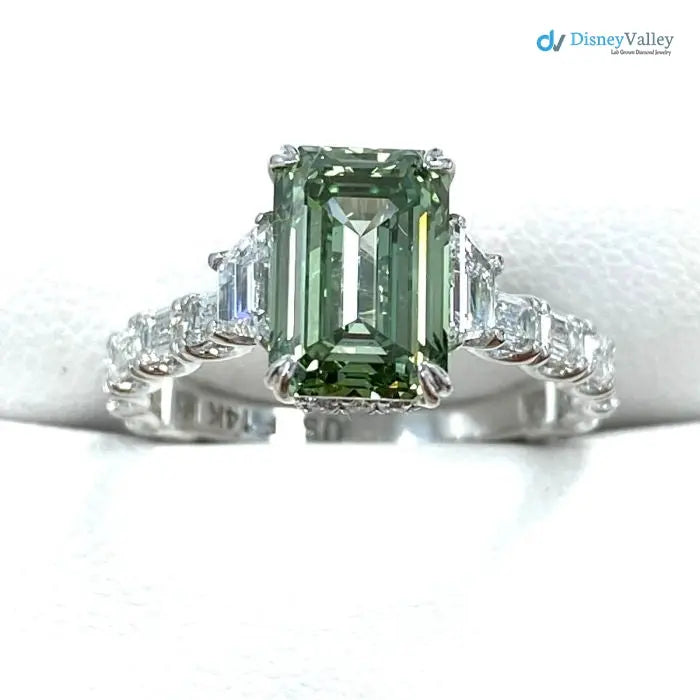 intense Green Emerald Cut Lab Grown Diamond Wedding Ring - DisneyValley