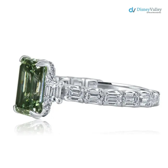 intense Green Emerald Cut Lab Grown Diamond Wedding Ring - DisneyValley