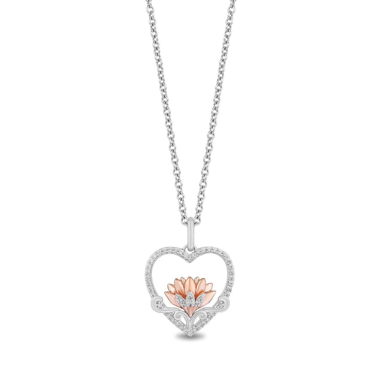 Disney Fine Jewelry Sterling Silver 1/5 CTTW Jasmine Lotus in Heart Pendant Necklace