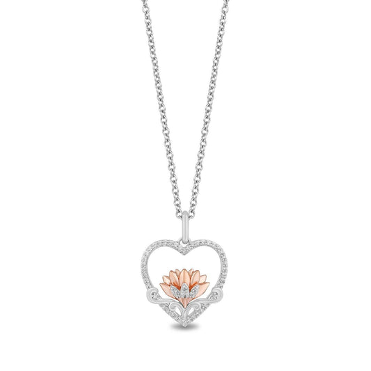 Disney Fine Jewelry Sterling Silver 1/5 CTTW Jasmine Lotus in Heart Pendant Necklace