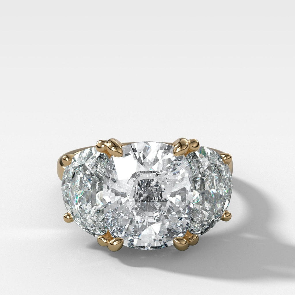 Jumbo Three Stone ring with Half Moon sides & an Elongated Cushion Cut