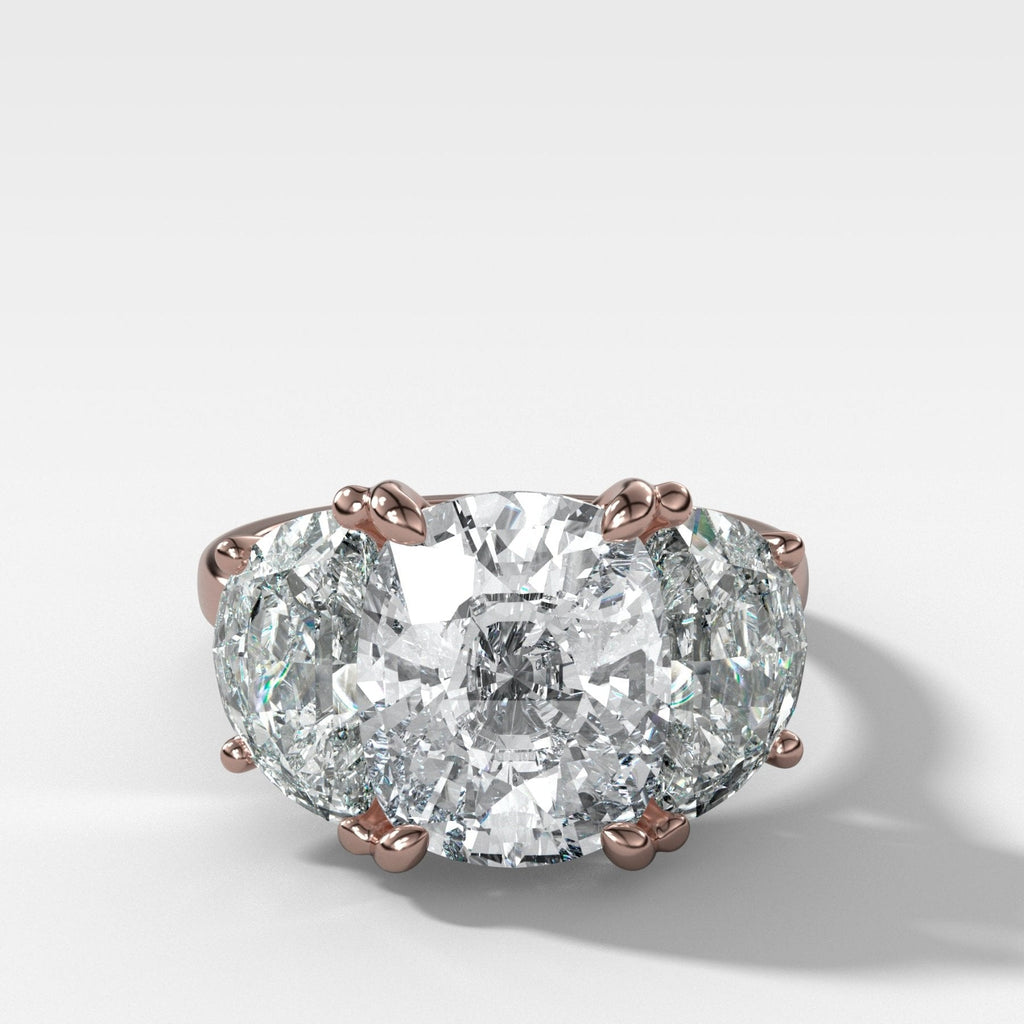 Jumbo Three Stone ring with Half Moon sides & an Elongated Cushion Cut