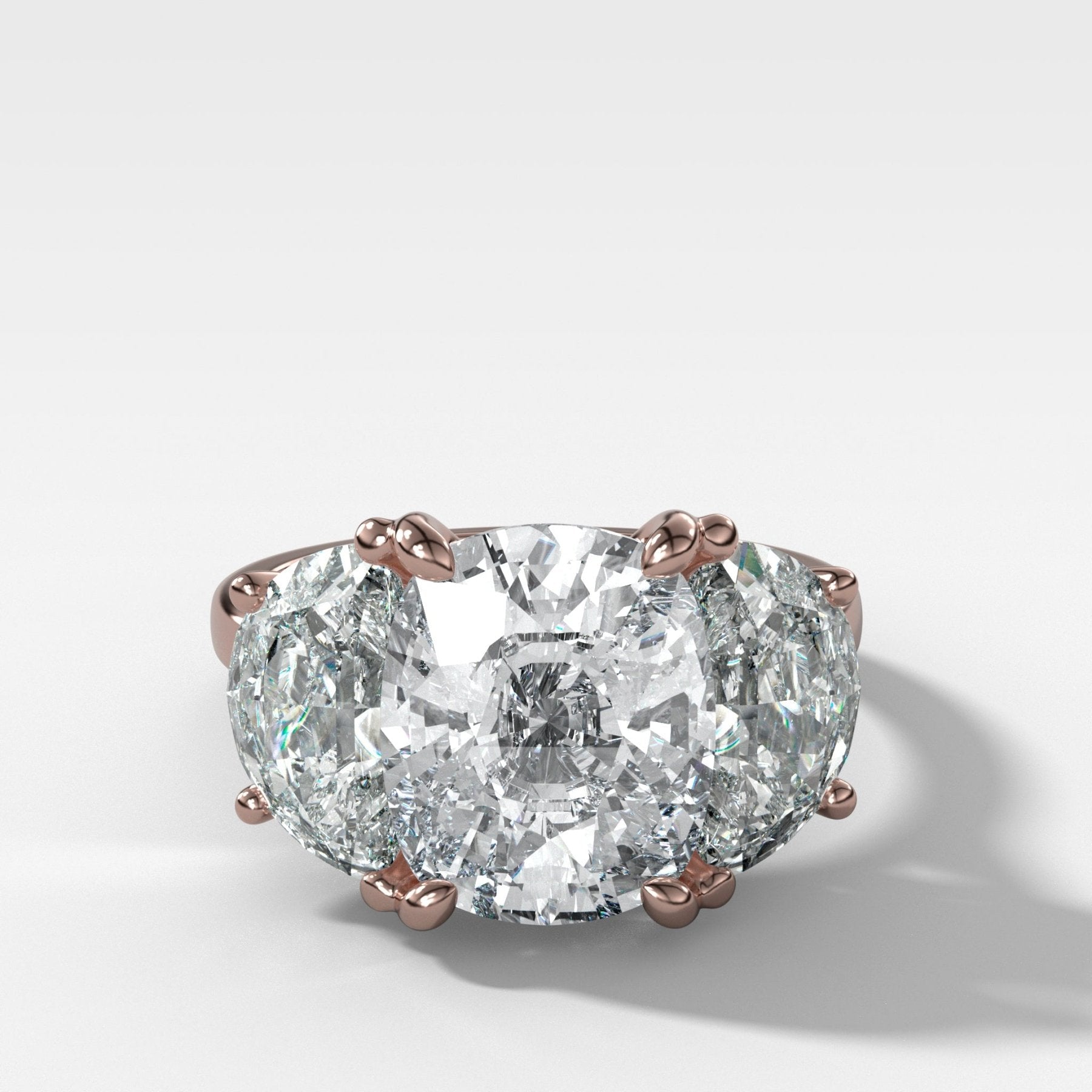 Jumbo Three Stone ring with Half Moon sides & an Elongated Cushion Cut