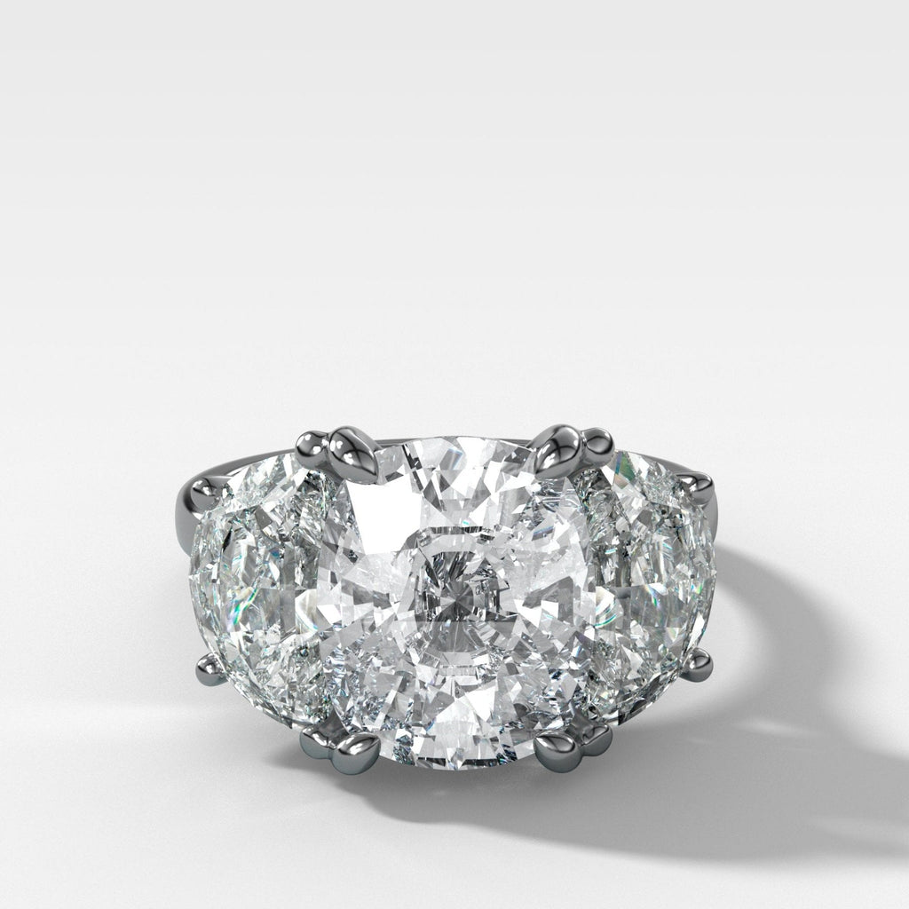 Jumbo Three Stone ring with Half Moon sides & an Elongated Cushion Cut