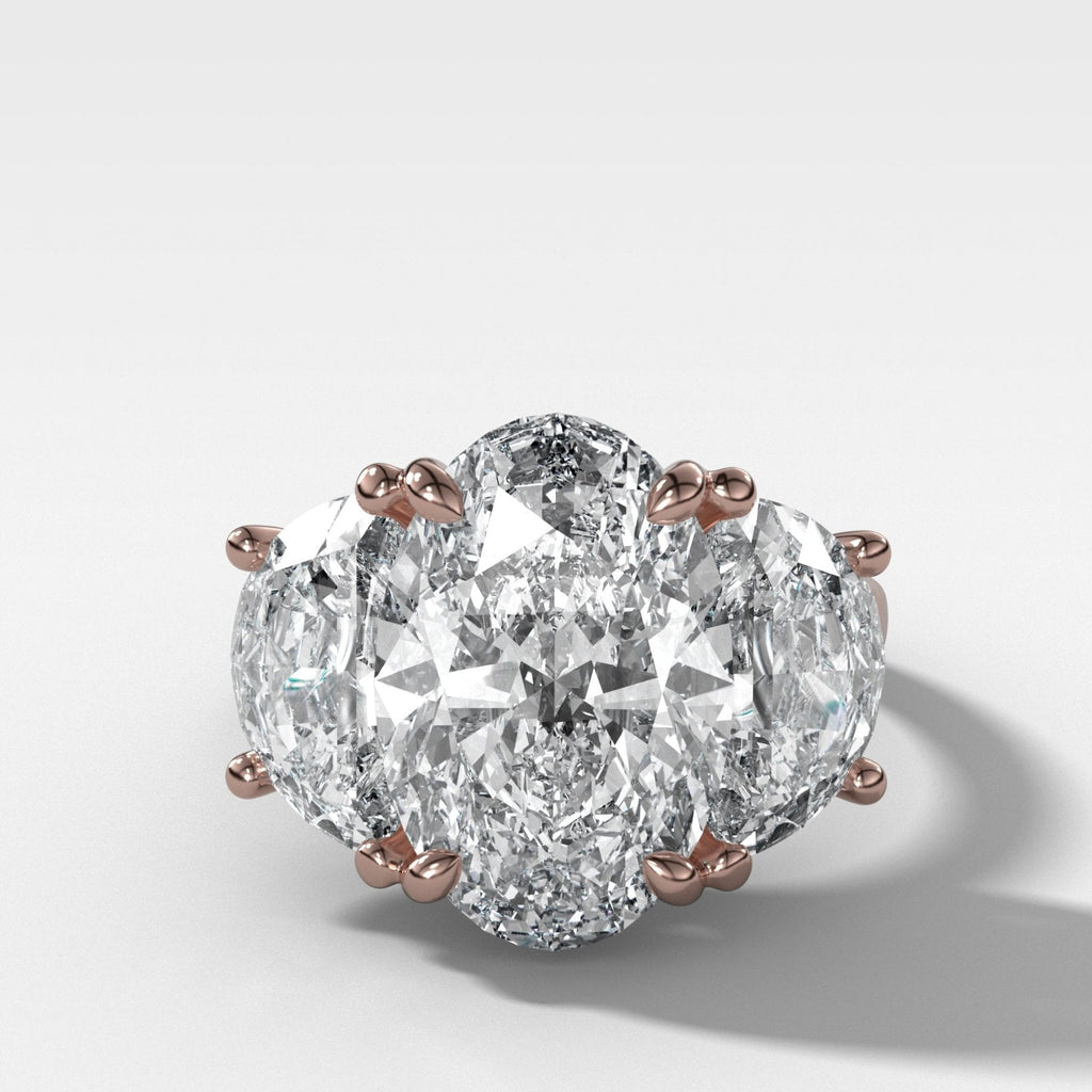 Jumbo Three Stone ring with Half Moon sides & an Oval Cut