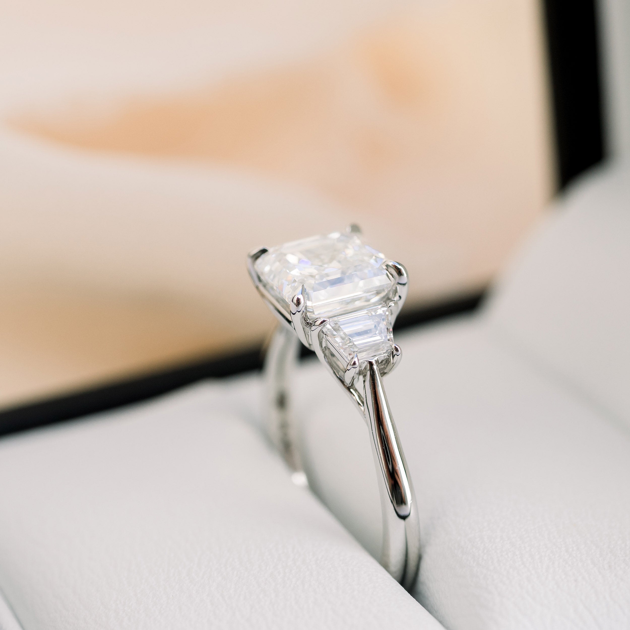 2.0 CT Asscher Cut Moissanite Three Stones Engagement Ring