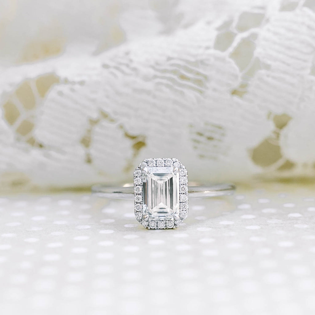 1.0 CT Emerald Cut Moissanite Halo Style Engagement Ring