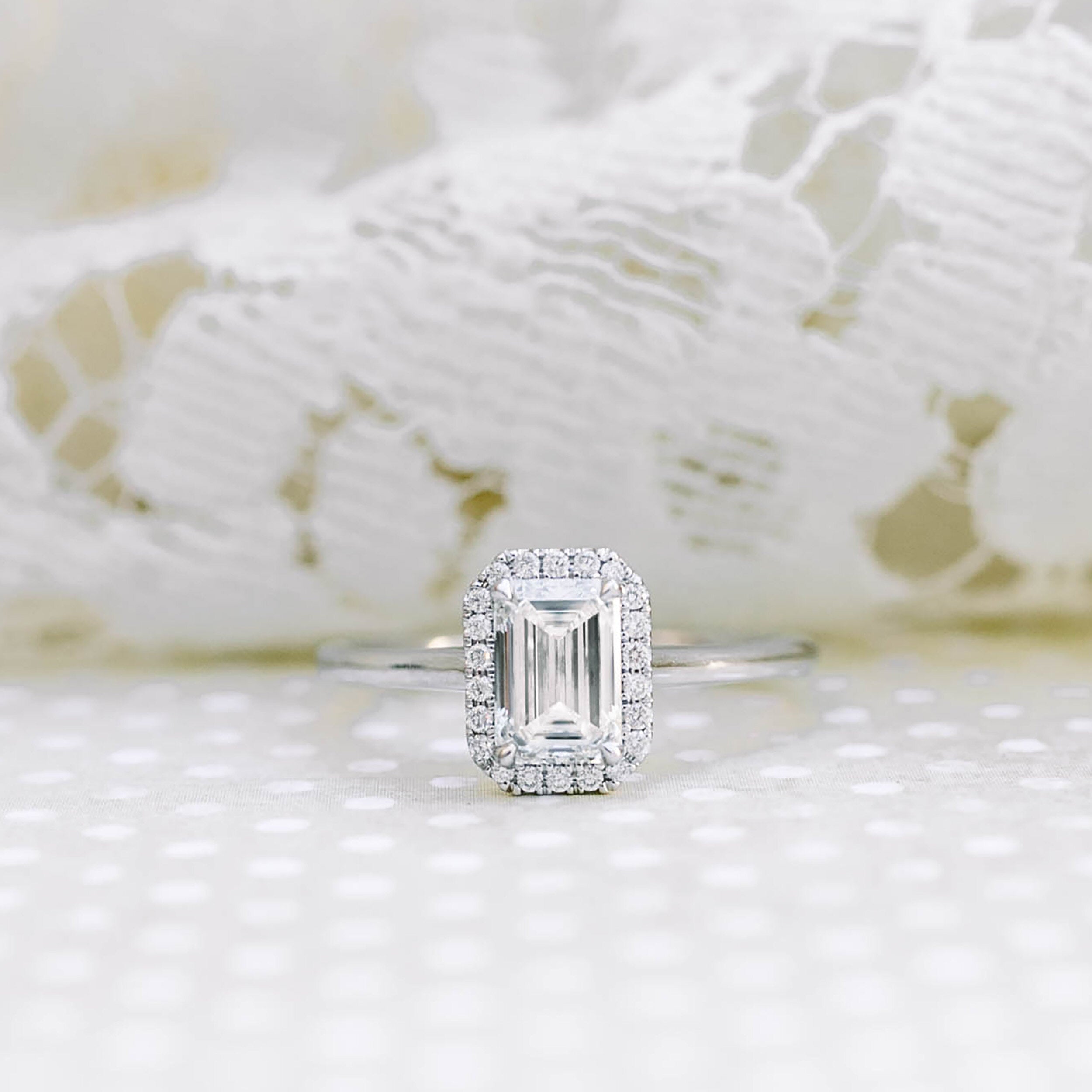 1.0 CT Emerald Cut Moissanite Halo Style Engagement Ring