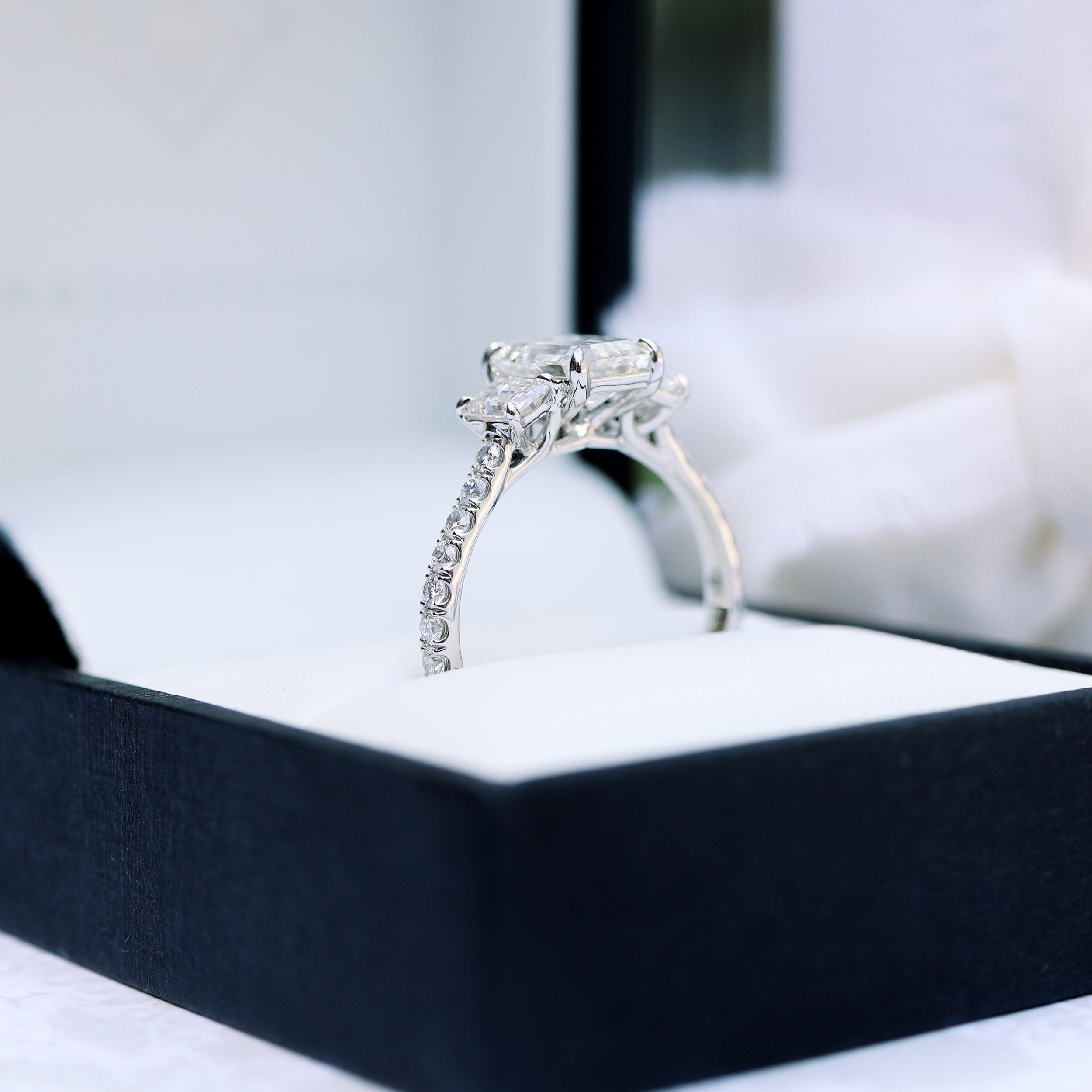 2.75 CT Emerald Moissanite Three Stones Pave Setting Engagement Ring