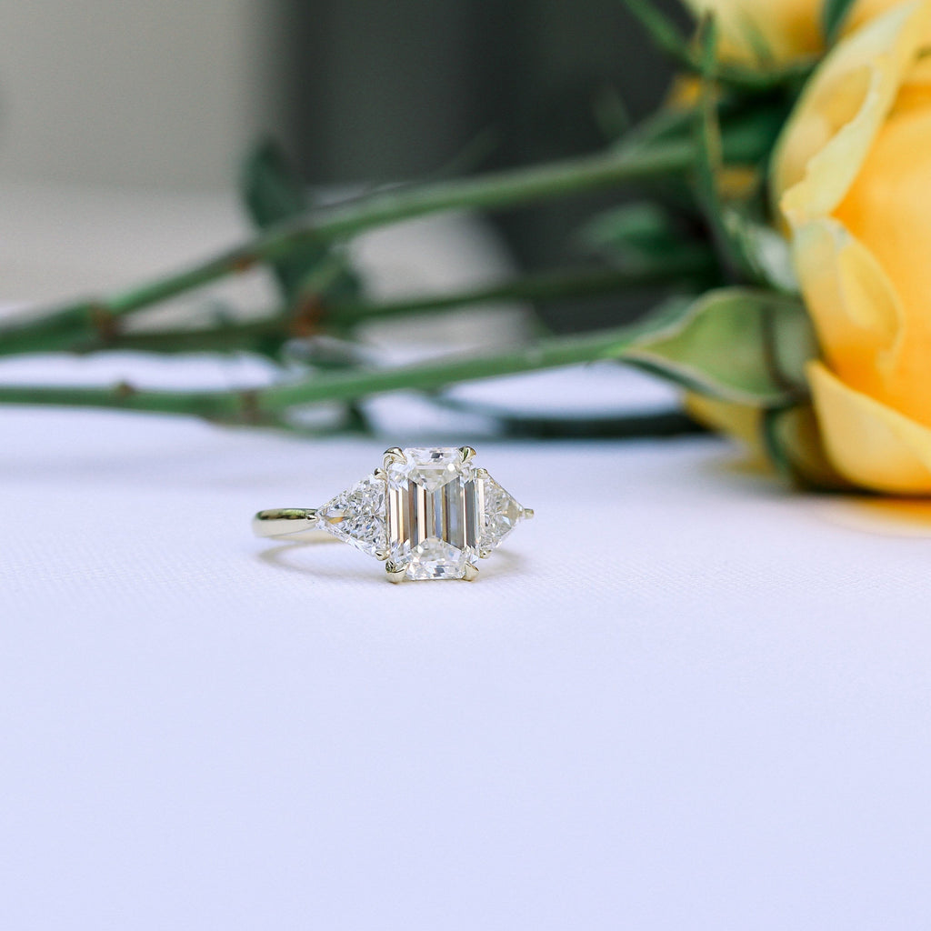 1.50 CT Emerald Cut Moissanite Three Stone Style Engagement Ring
