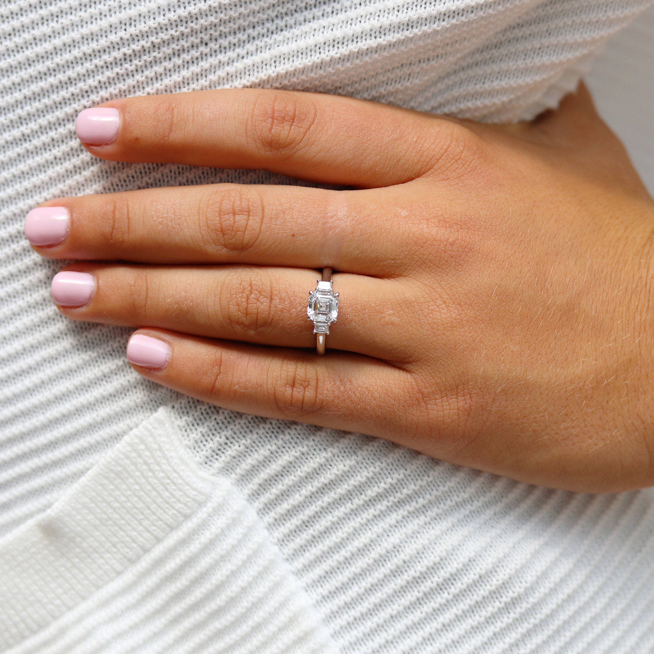 1.0 CT Asscher & Emerald Three Stone Moissanite Engagement Ring