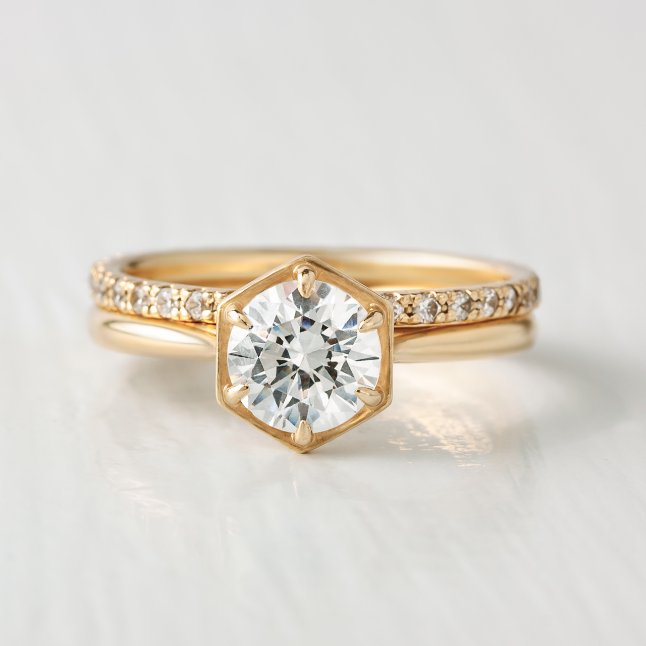 1.0 CT Round Cut Hexagon Style Solitaire Moissanite Engagement Ring