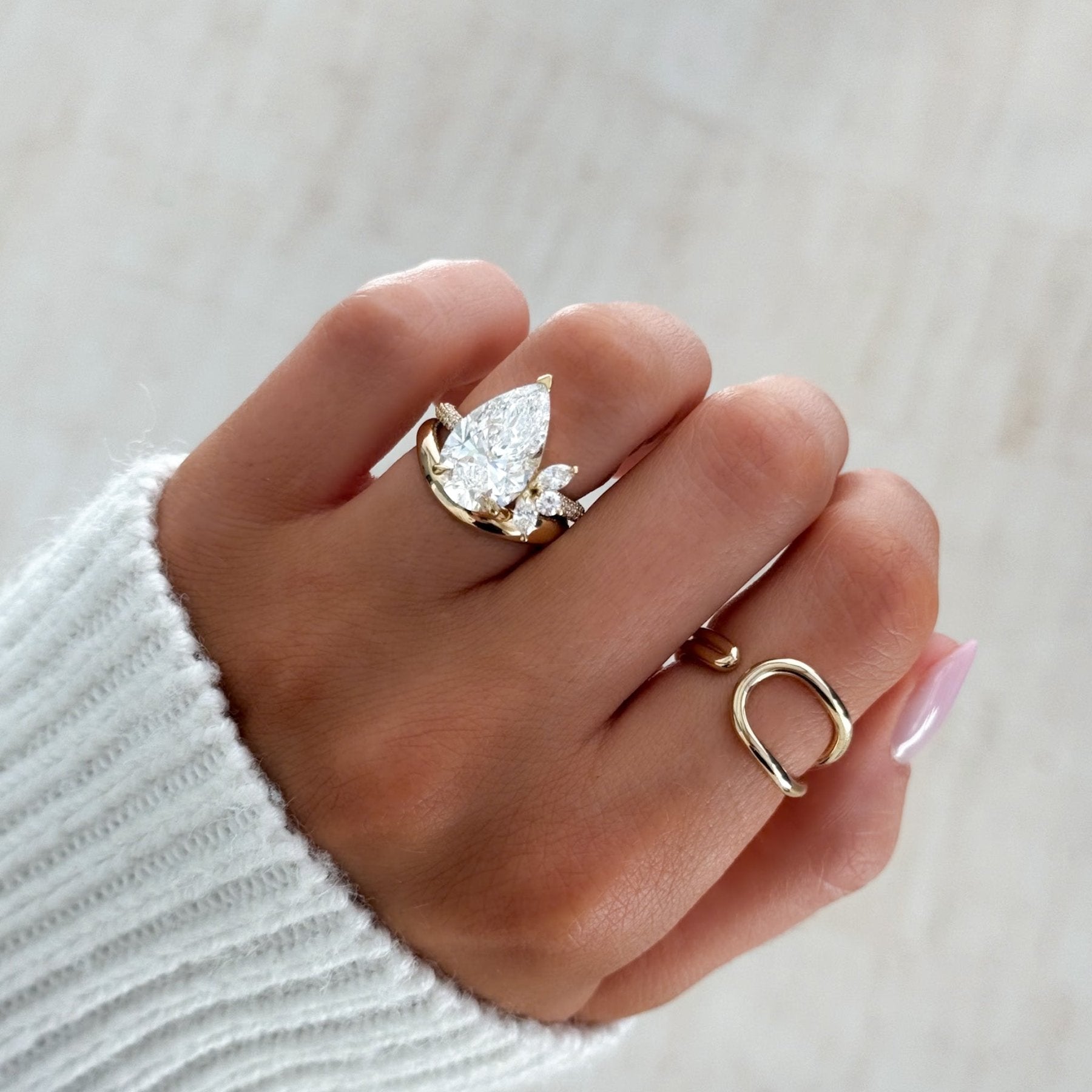 Lotus Triple Row Pavé Engagement Ring With Pear Cut Diamond