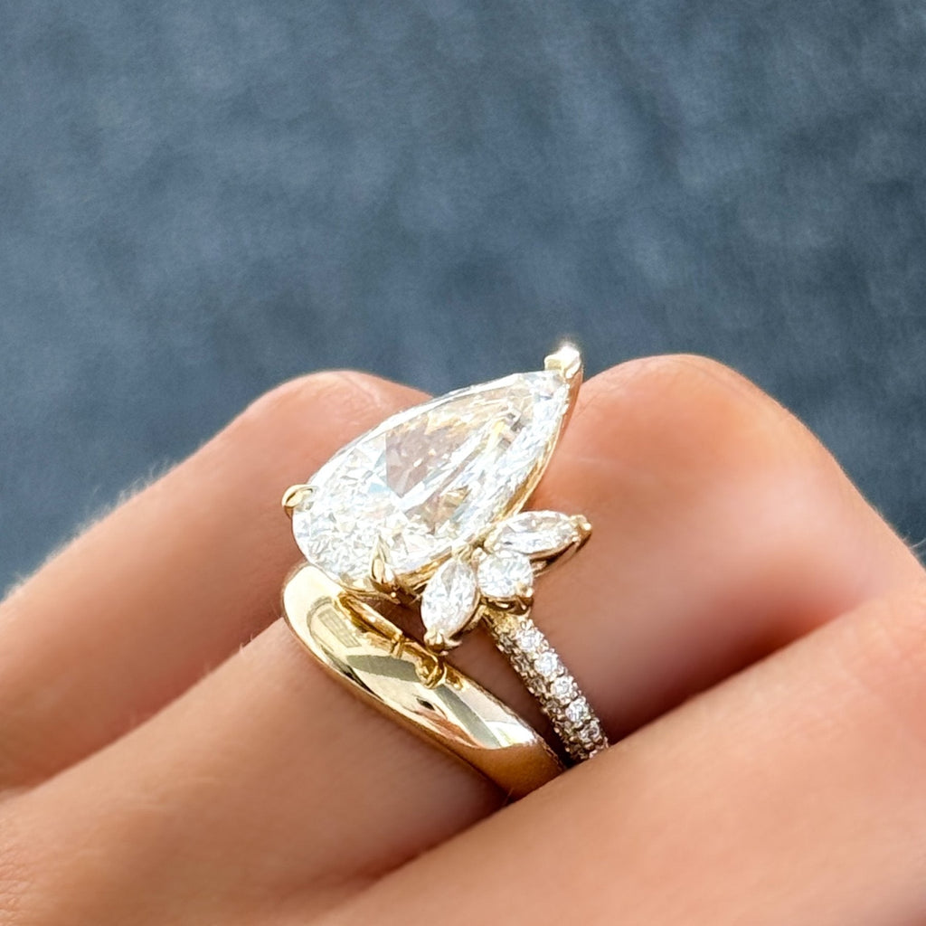 Lotus Triple Row Pavé Engagement Ring With Pear Cut Diamond