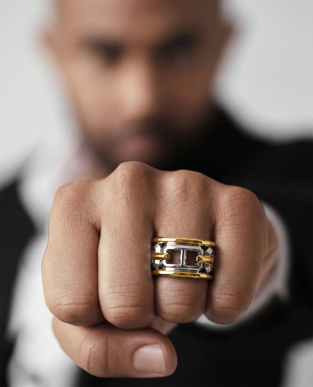HERCULES Two-Tone Silver and 18k Yellow Gold Ring with Outer Gold Rings - Wide Version