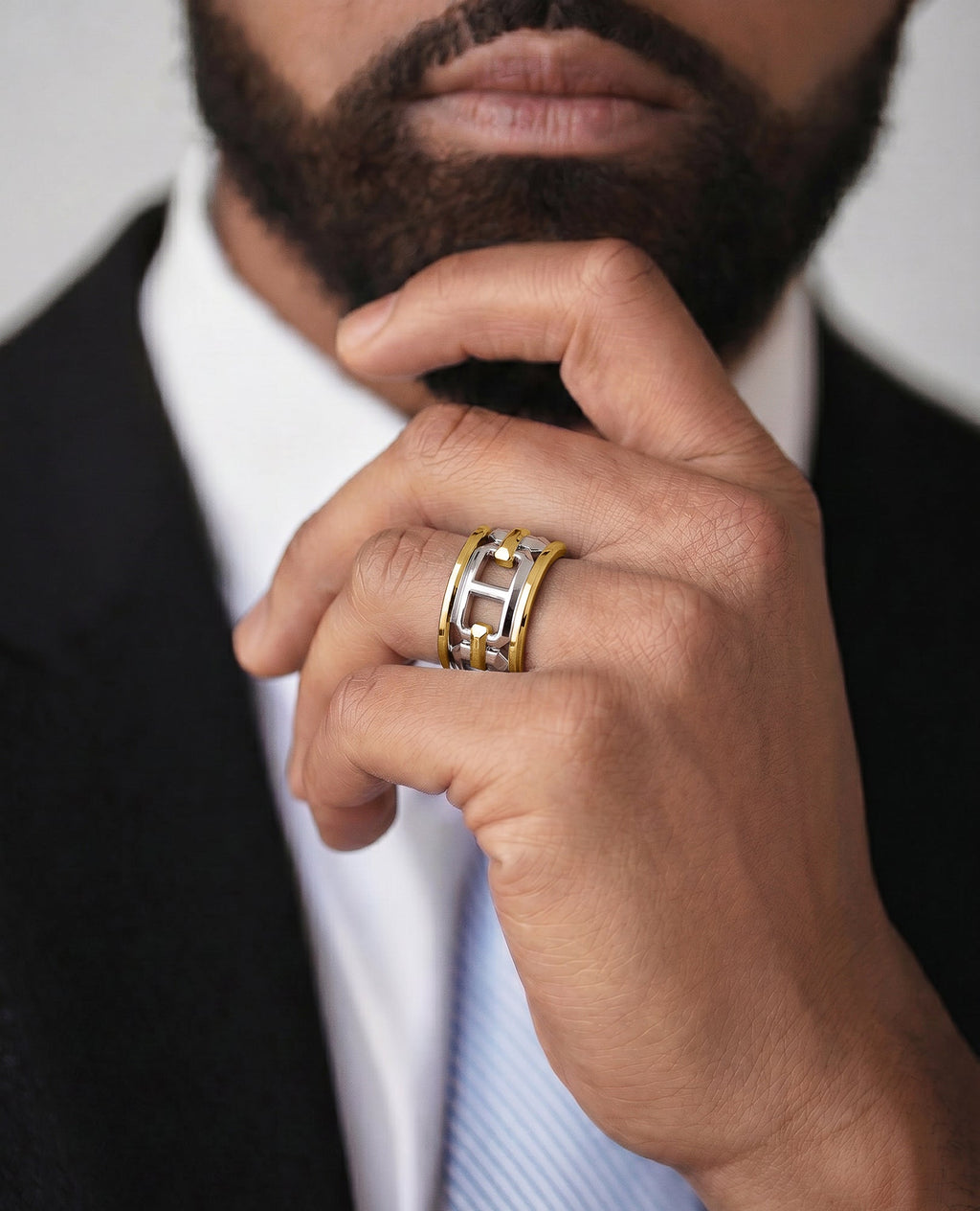 HERCULES Two-Tone Silver and 18k Yellow Gold Ring with Outer Gold Rings - Wide Version