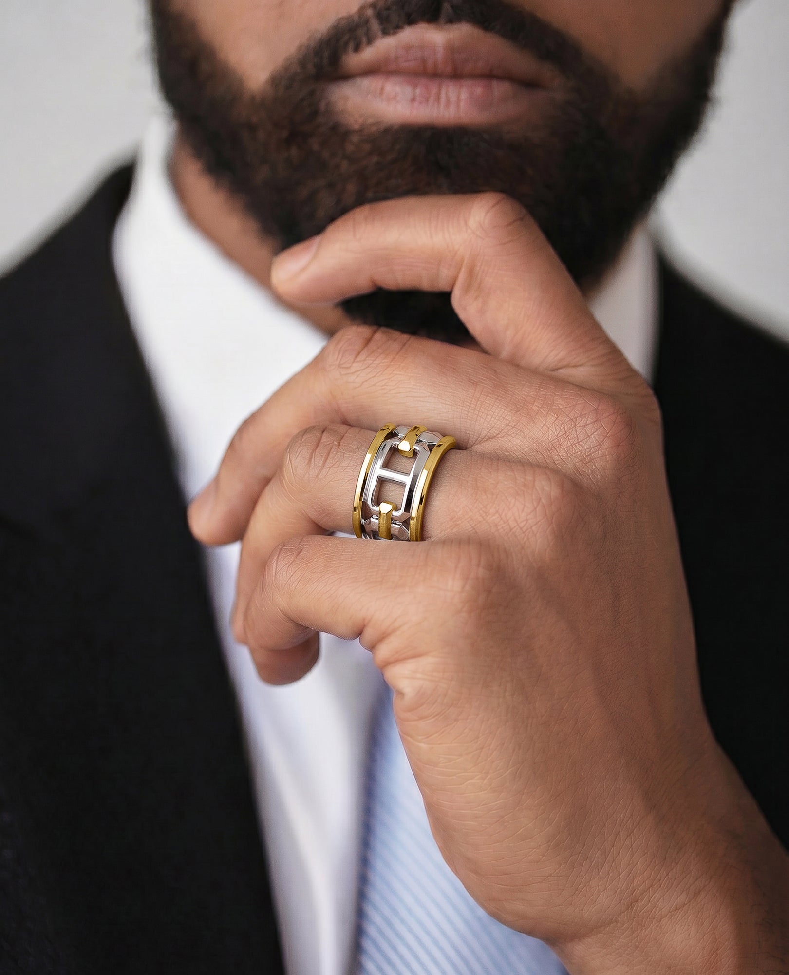 HERCULES Two-Tone Silver and 18k Yellow Gold Ring with Outer Gold Rings - Wide Version
