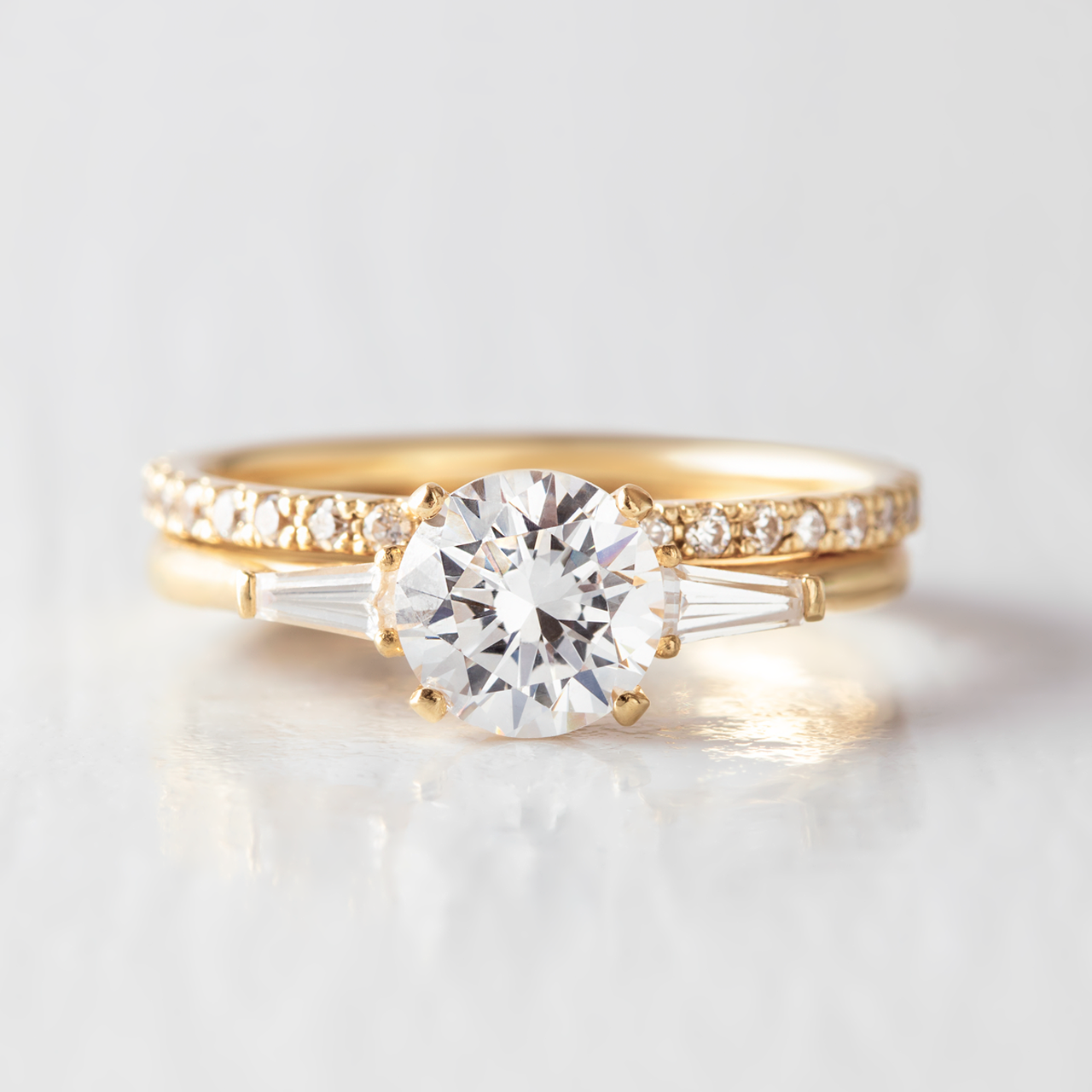 1.0 CT Round & Baguette Three Stone Moissanite Engagement Ring