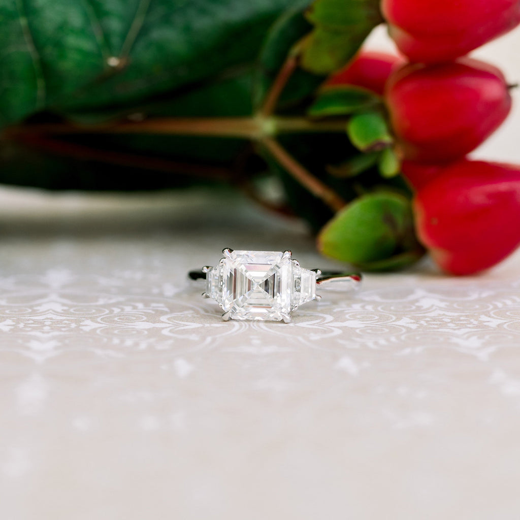 2.0 CT Asscher Cut Moissanite Three Stones Engagement Ring