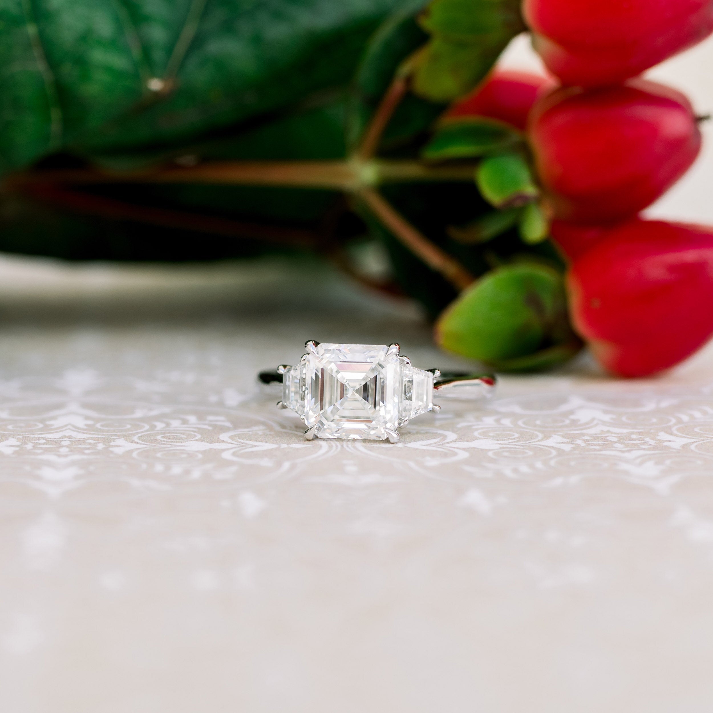 2.0 CT Asscher Cut Moissanite Three Stones Engagement Ring