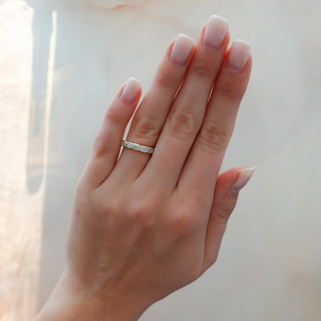 Midi Bezel Set Halfway Wedding Band With East West Radiant Cuts