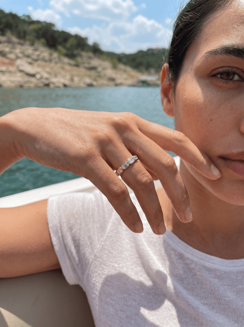 Midi Bezel Set Halfway Wedding Band With East West Emerald Cuts