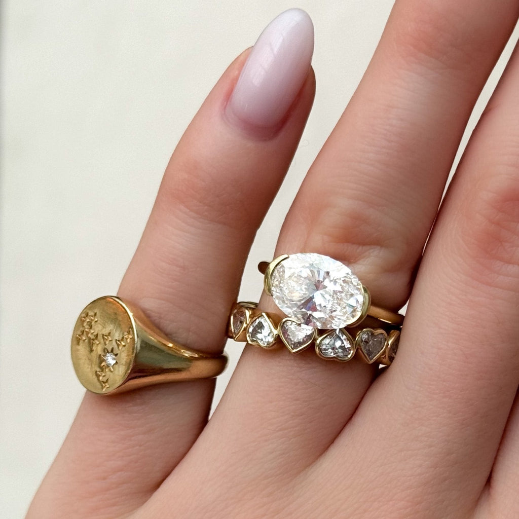 Midi Bezel Set Halfway Wedding Band With Heart Cuts