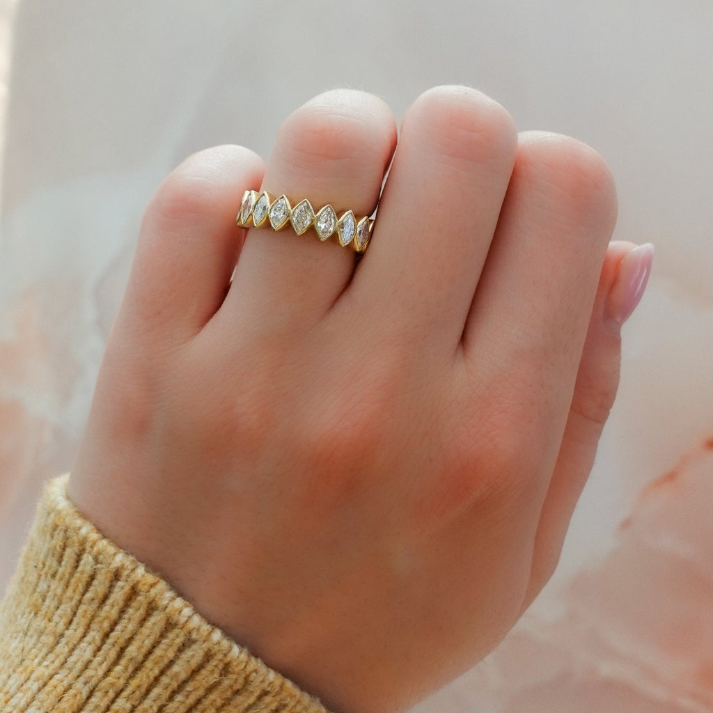 Midi Bezel Set Halfway Wedding Band With Marquise Cuts