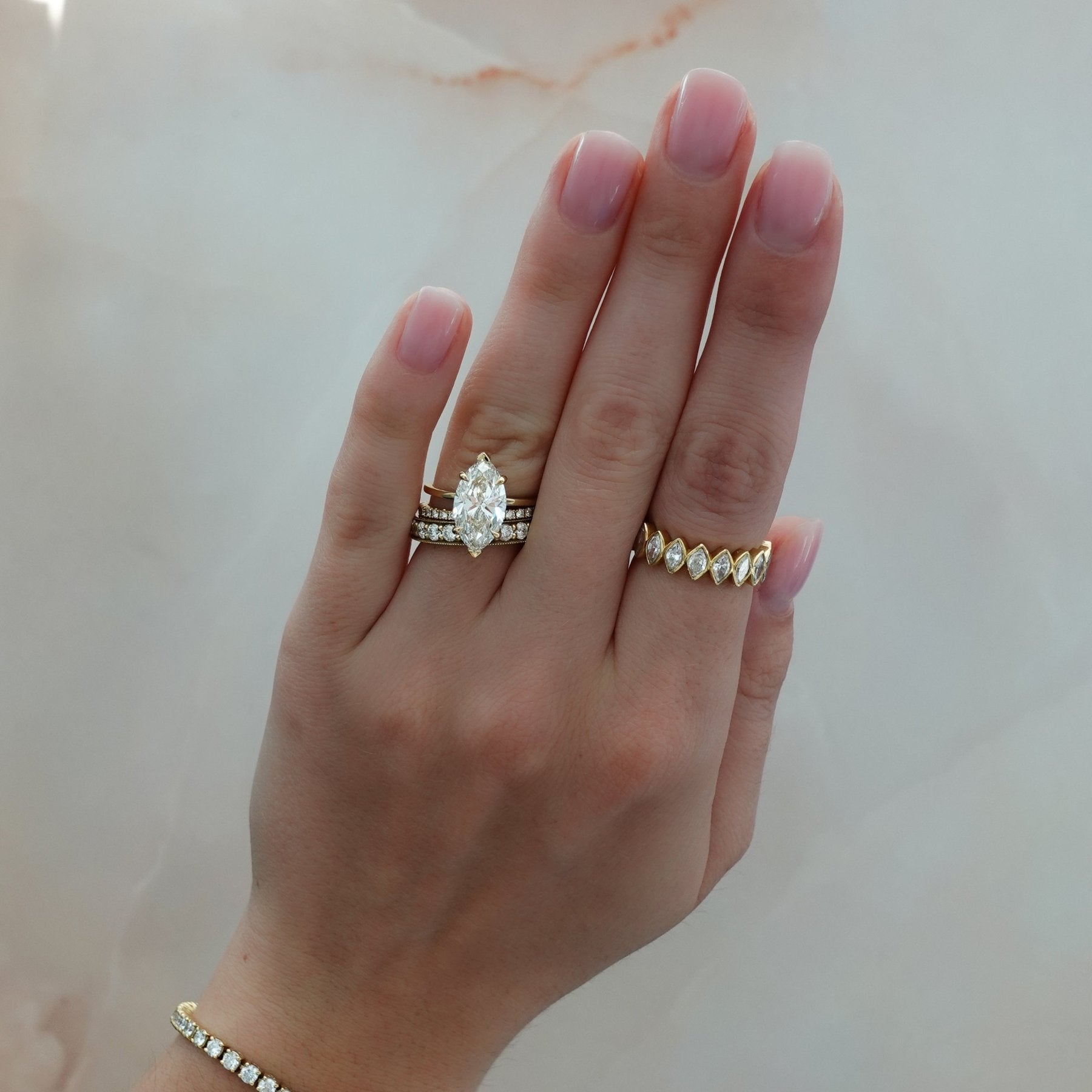 Midi Bezel Set Halfway Wedding Band With Marquise Cuts